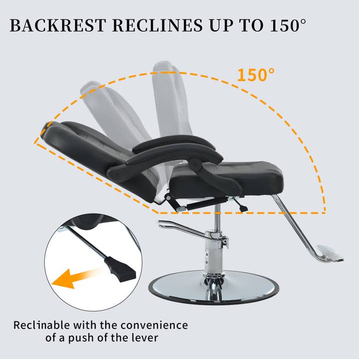 Classic Reclining Barber Chair Salon Chair For Hair Stylist with Heavy Duty Hydraulic Pump, 360 Rotation, Tattoo Chair Shampoo Beauty Salon Equipment, Max Load Weight 330 Lbs, Black Black Metal