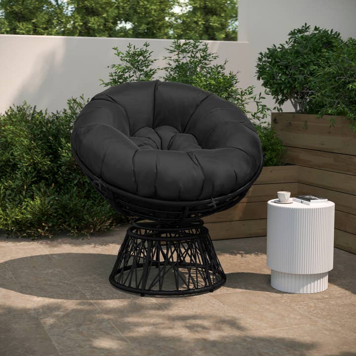 Swivel Patio Papasan Chair with Black Cushion