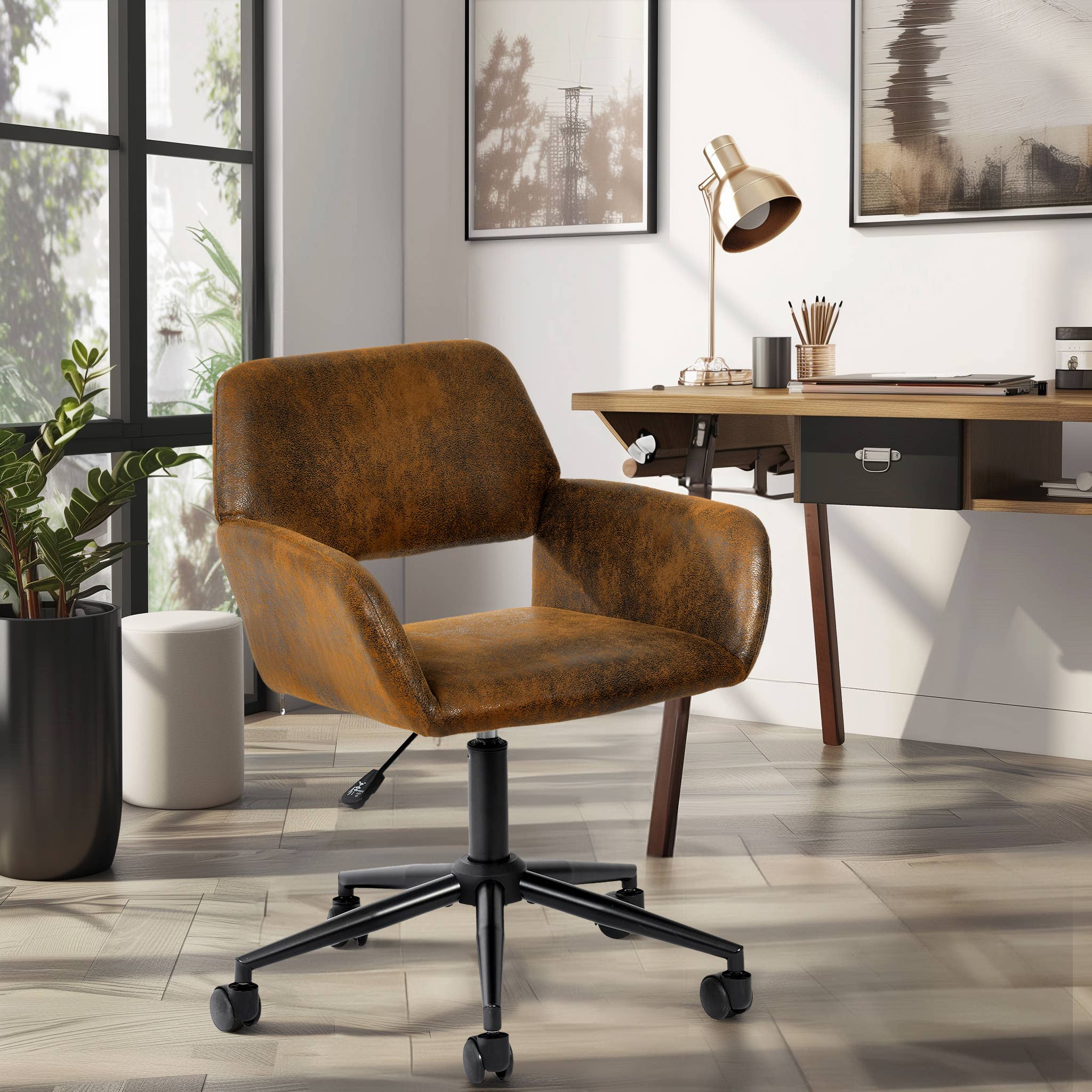 Adjustable Task Chair with Swivel Base Suede Brown/Beige