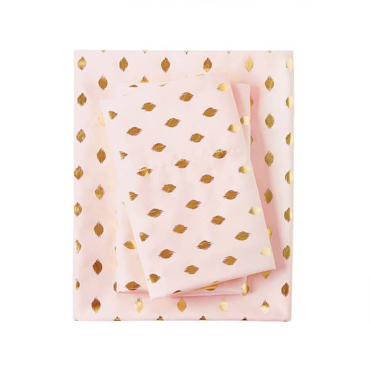 Metallic Dot 4-Piece Sheet Set, Pink Blush/Gold