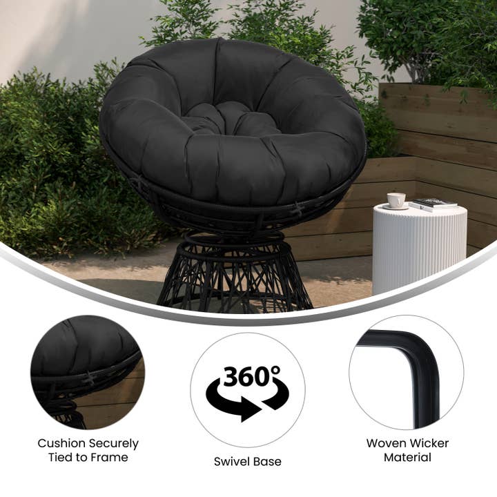 Swivel Patio Papasan Chair with Black Cushion