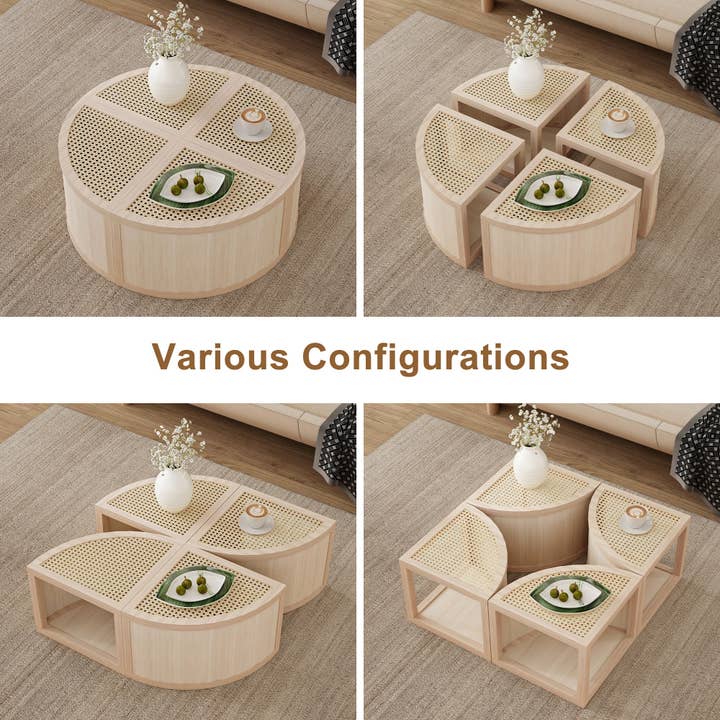 Round To Square Block Modular Coffee Table Light Natural Rattan with Storage 4 Piece Light Natural Rubber Wood