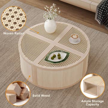 Round To Square Block Modular Coffee Table Light Natural Rattan with Storage 4 Piece Light Natural Rubber Wood