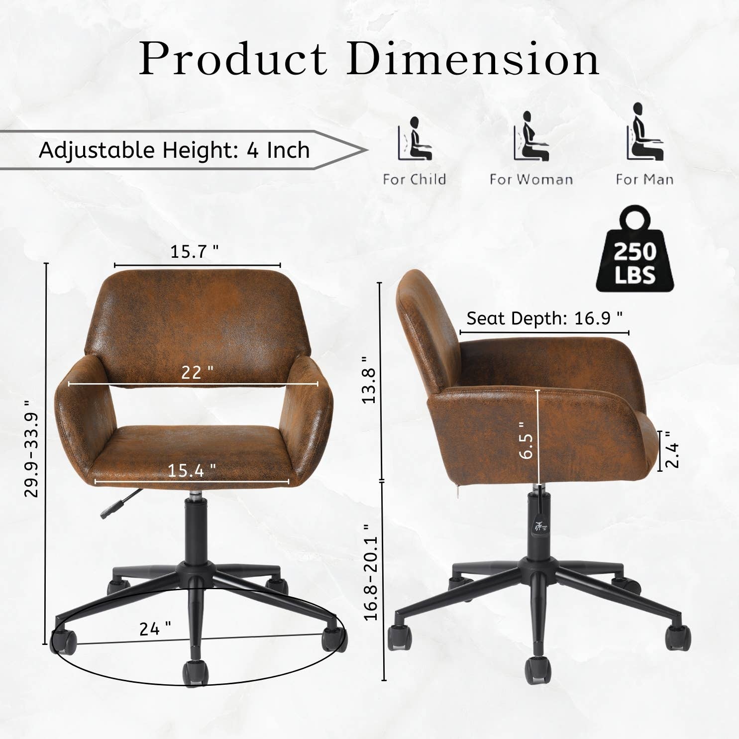 Adjustable Task Chair with Swivel Base Suede Brown/Beige