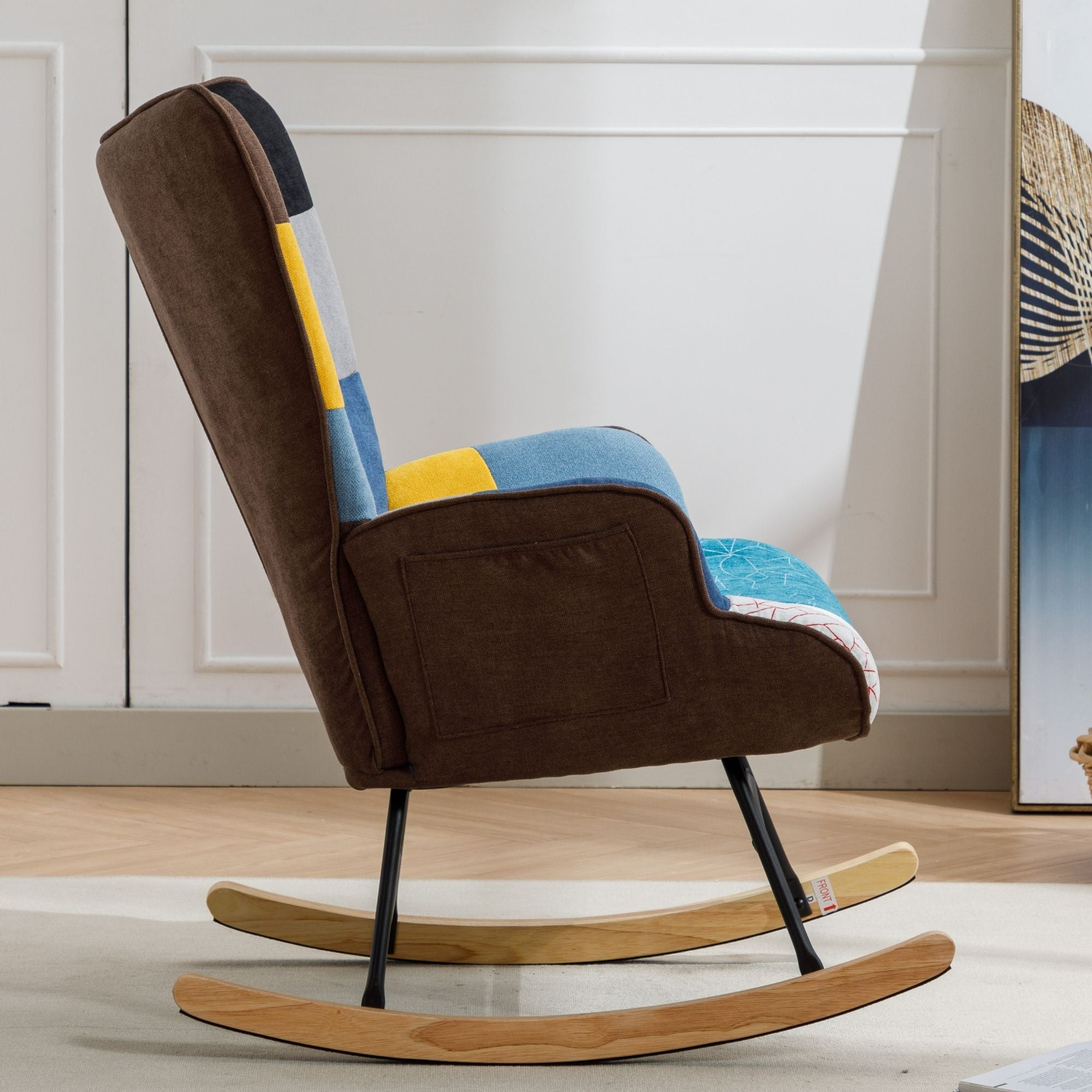 Modern Patchwork Rocking Chair with Solid Wood Armrests and Legs