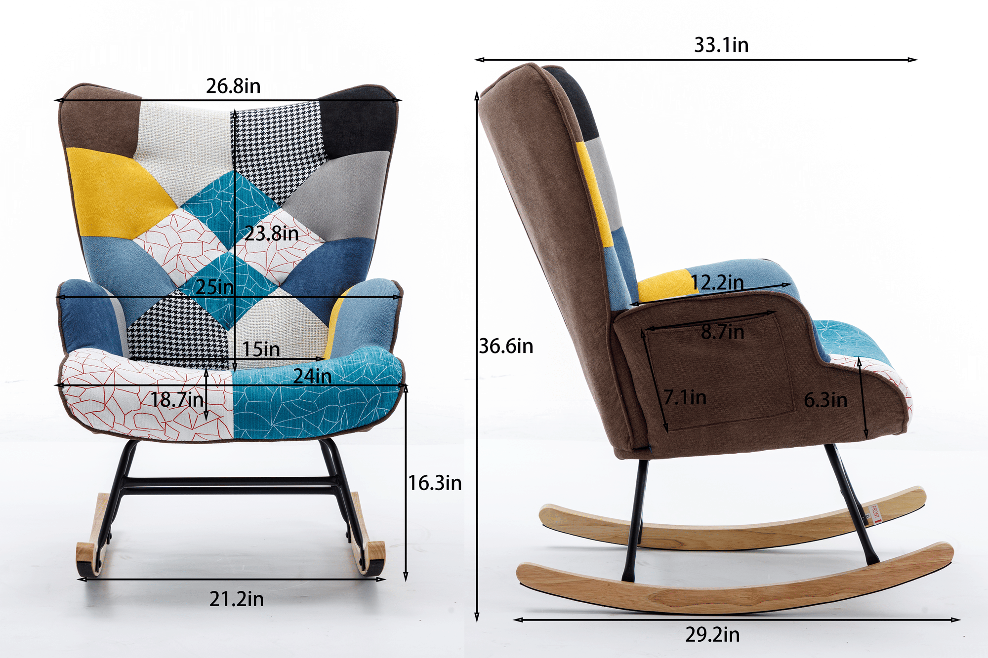 Modern Patchwork Rocking Chair with Solid Wood Armrests and Legs