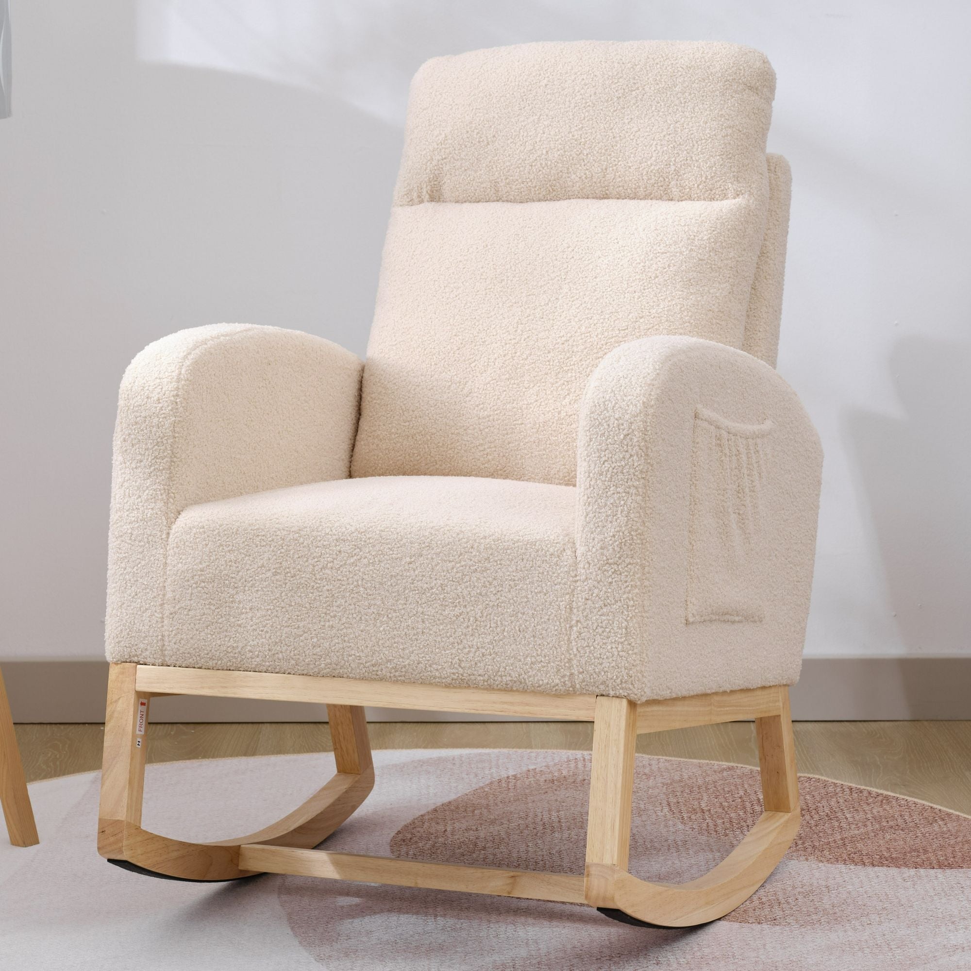 Modern Upholstered Rocking Chair with Solid Wood Legs, High Backrest, Side Pocket, and Comfy Armrests – Nursery Glider and Living Room Accent Chair
