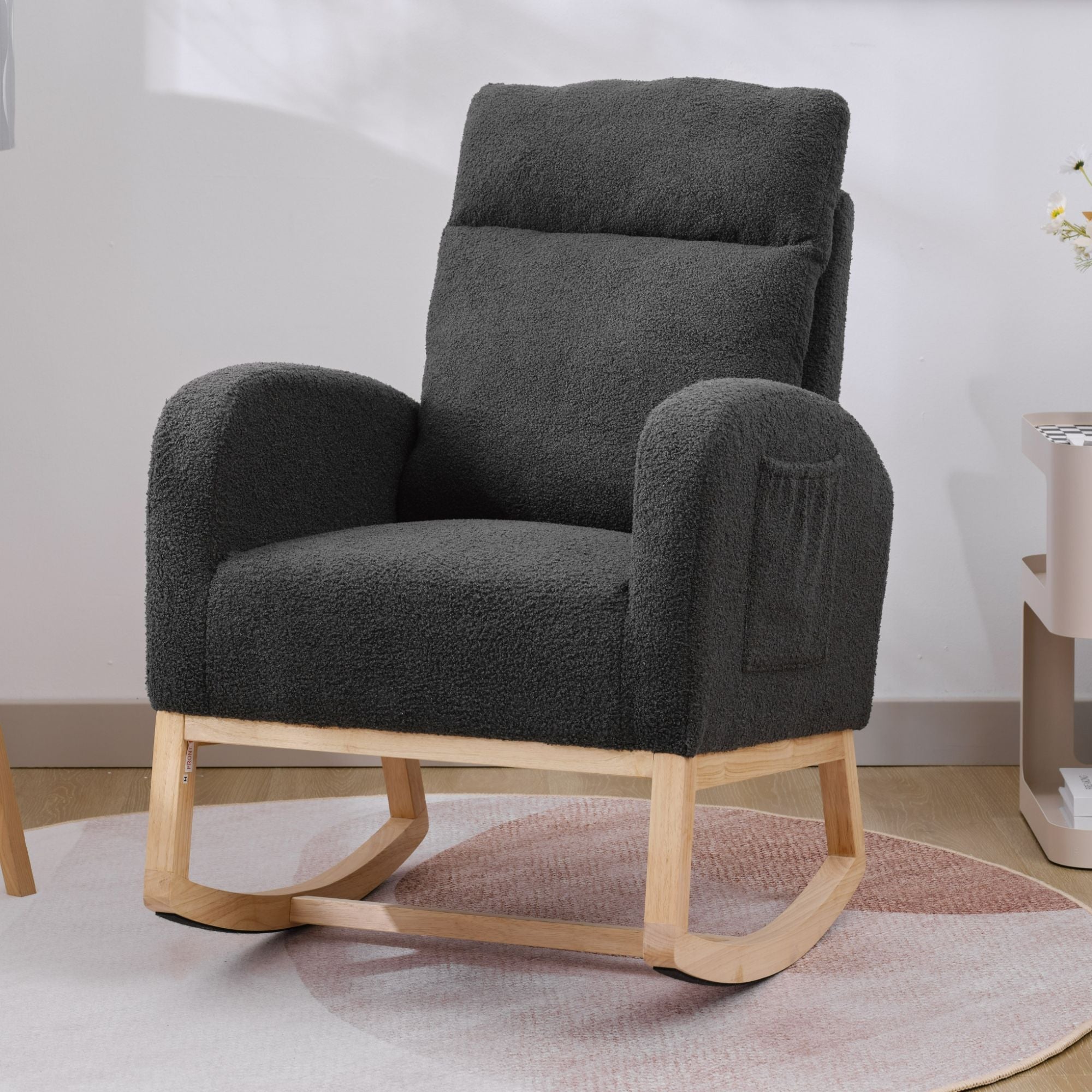 Modern Upholstered Rocking Chair with Solid Wood Legs, High Backrest, Side Pocket, and Comfy Armrests – Nursery Glider and Living Room Accent Chair