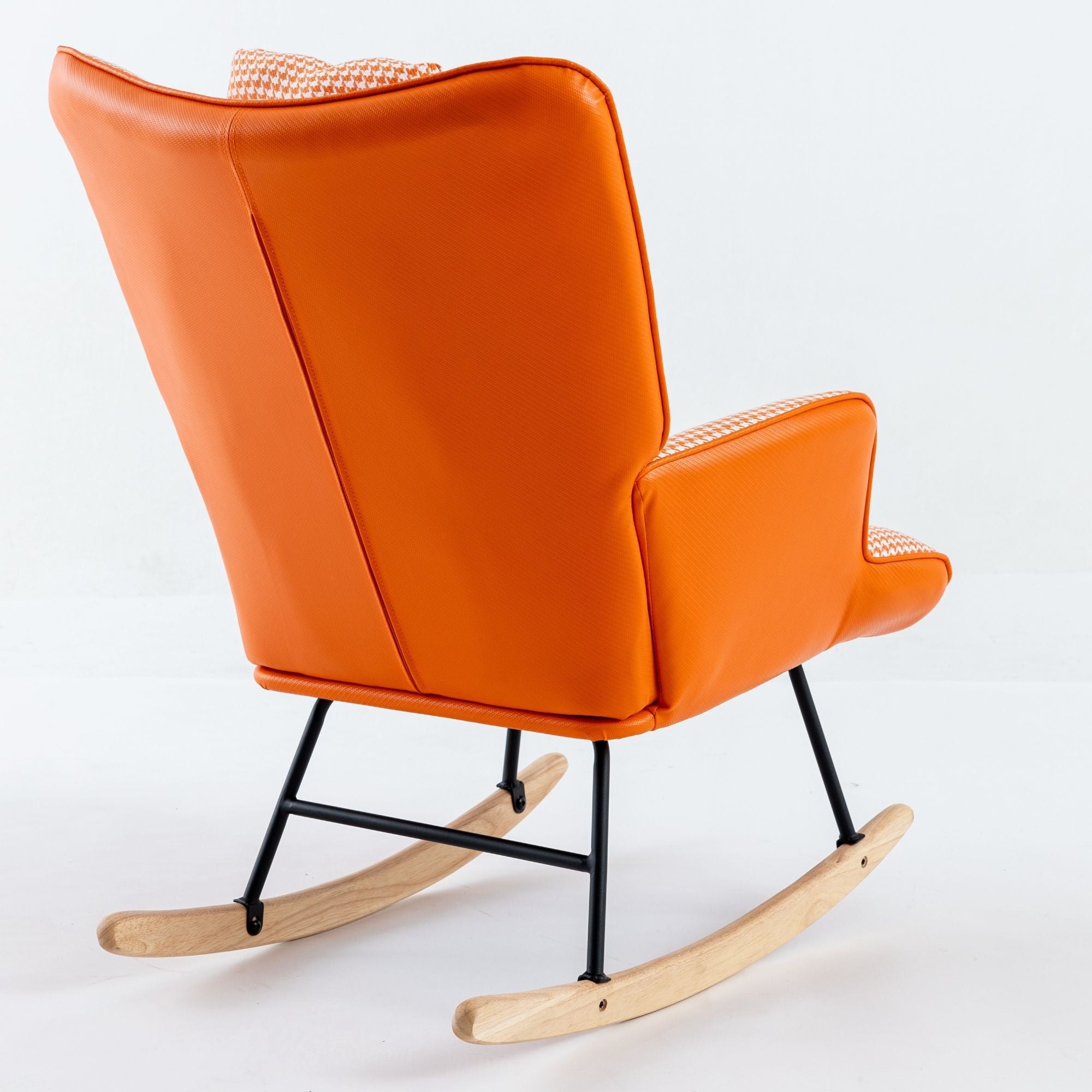 35.5-Inch Rocking Chair, Cozy Reading Chair with Houndstooth and Leather Upholstery, Comfortable Wingback Glider for Nursery, Living Room, Bedroom, or Balcony