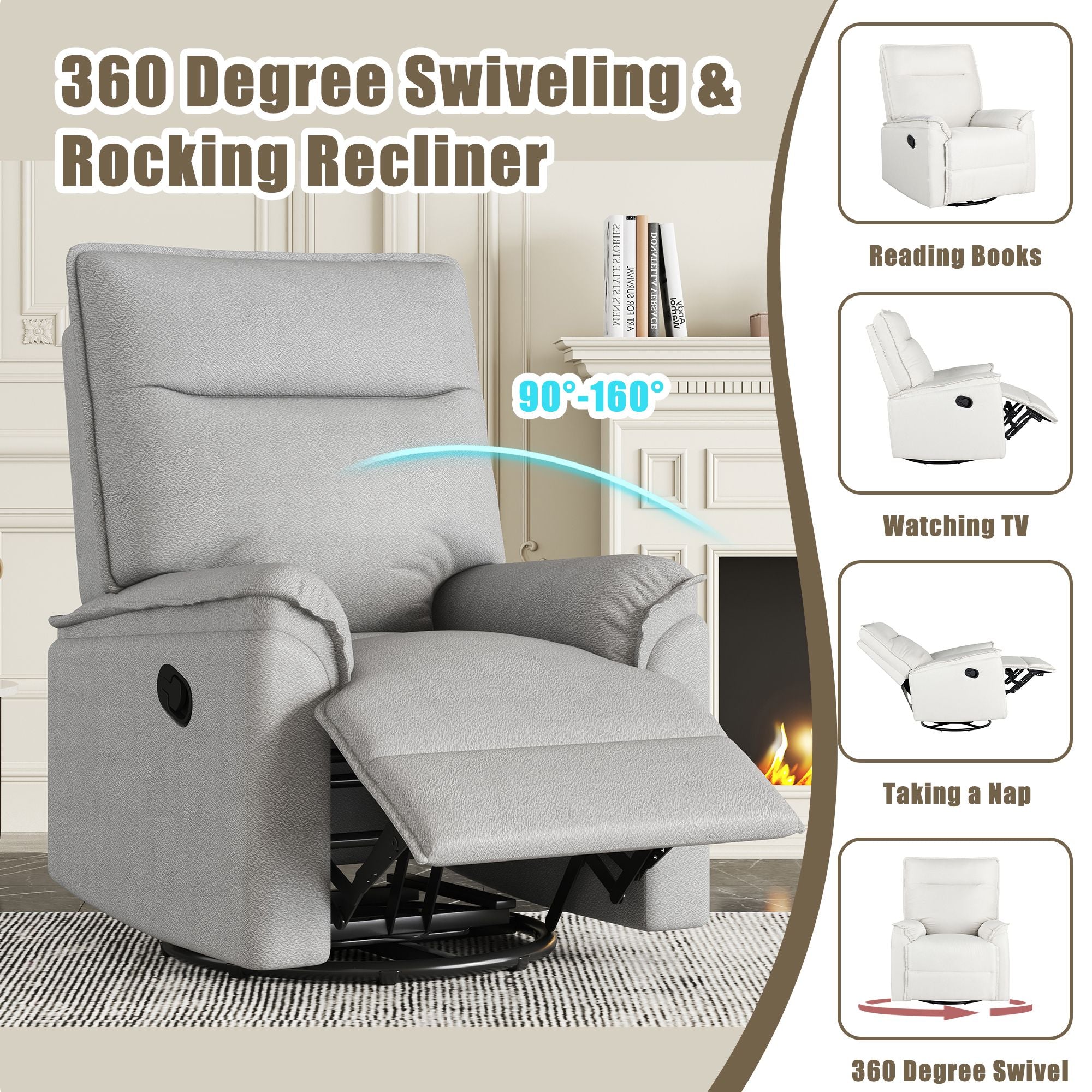 360 Degree Swivel Upholstered Manual Recliner Chair Theater Recliner Sofa Nursery Glider Rocker for Living Room