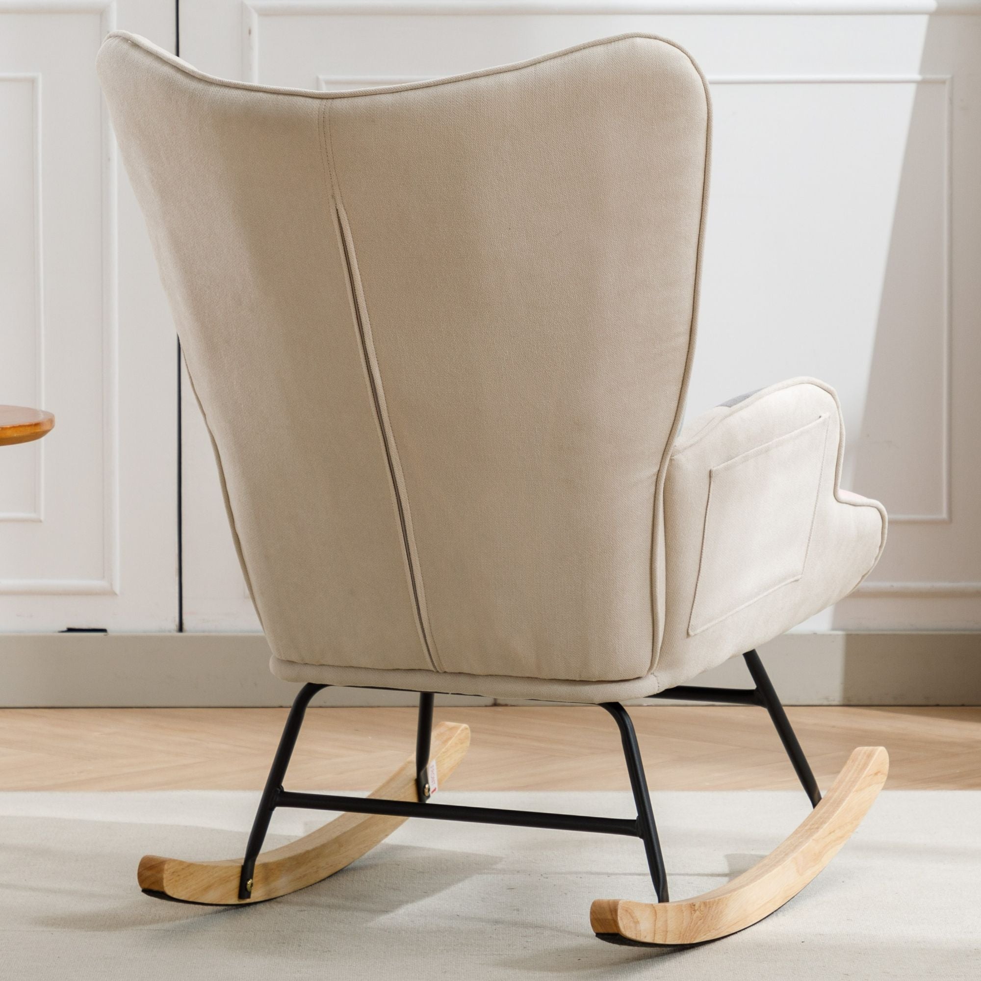 Modern Patchwork Rocking Chair with Solid Wood Armrests and Legs