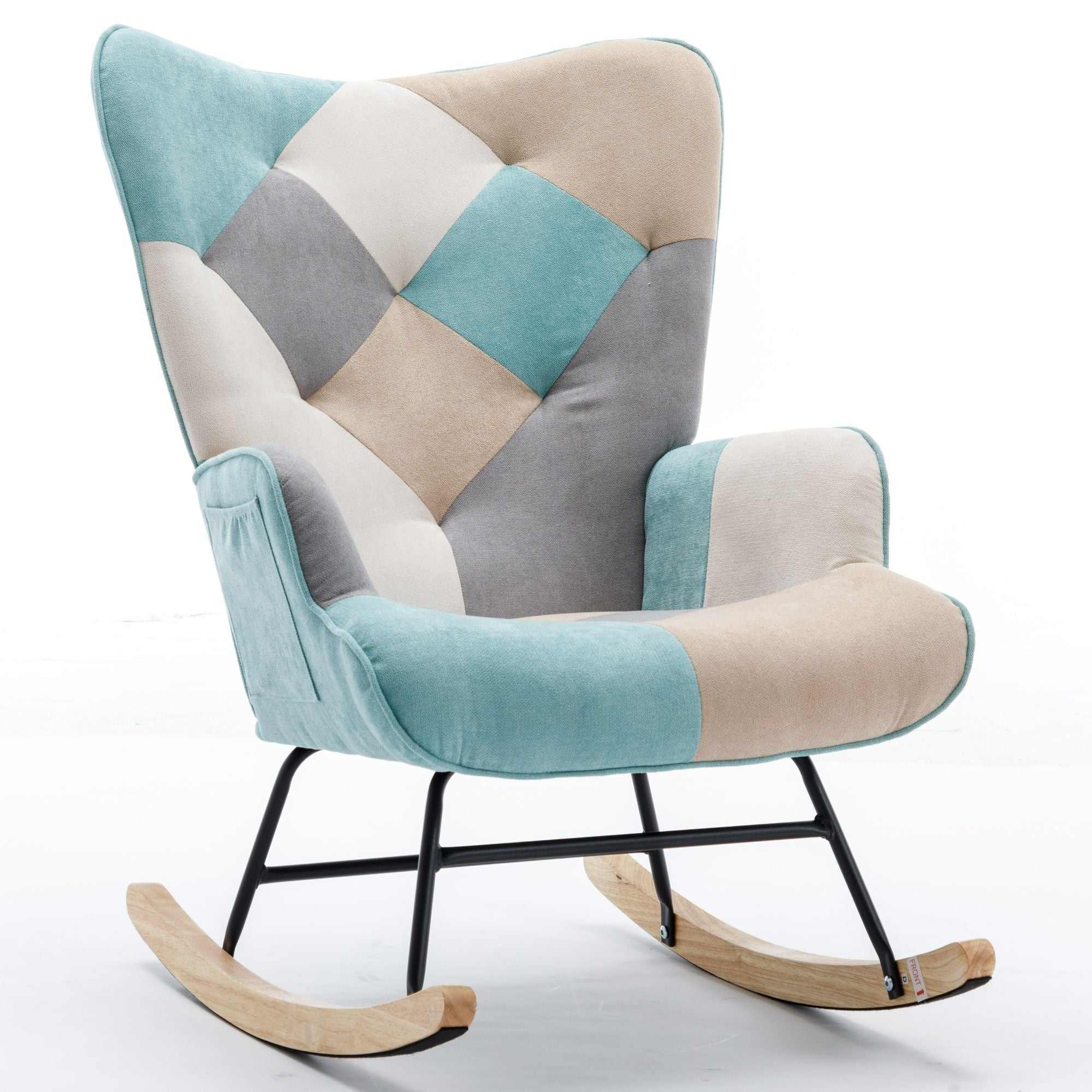 Modern Patchwork Rocking Chair with Solid Wood Armrests and Legs