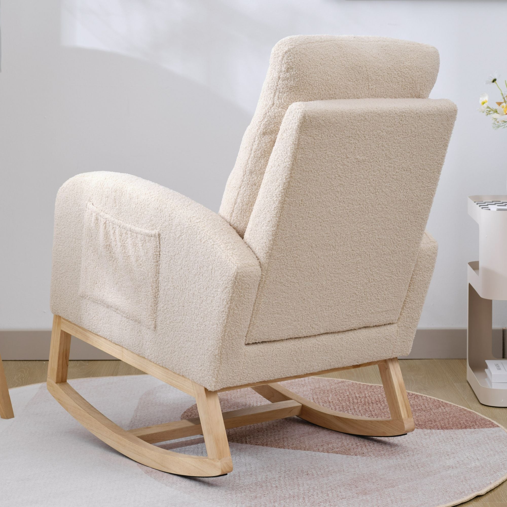 Modern Upholstered Rocking Chair with Solid Wood Legs, High Backrest, Side Pocket, and Comfy Armrests – Nursery Glider and Living Room Accent Chair