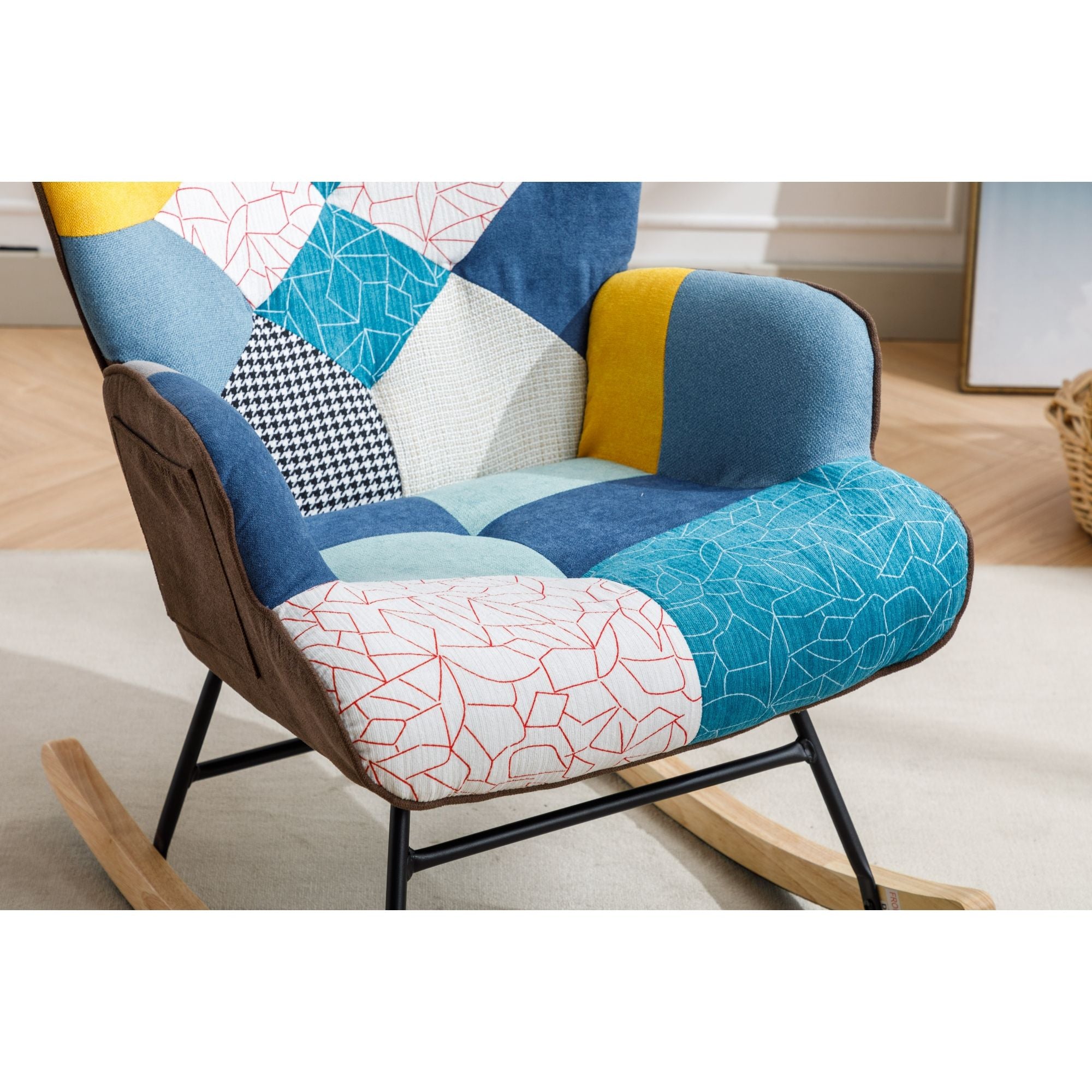 Modern Patchwork Rocking Chair with Solid Wood Armrests and Legs