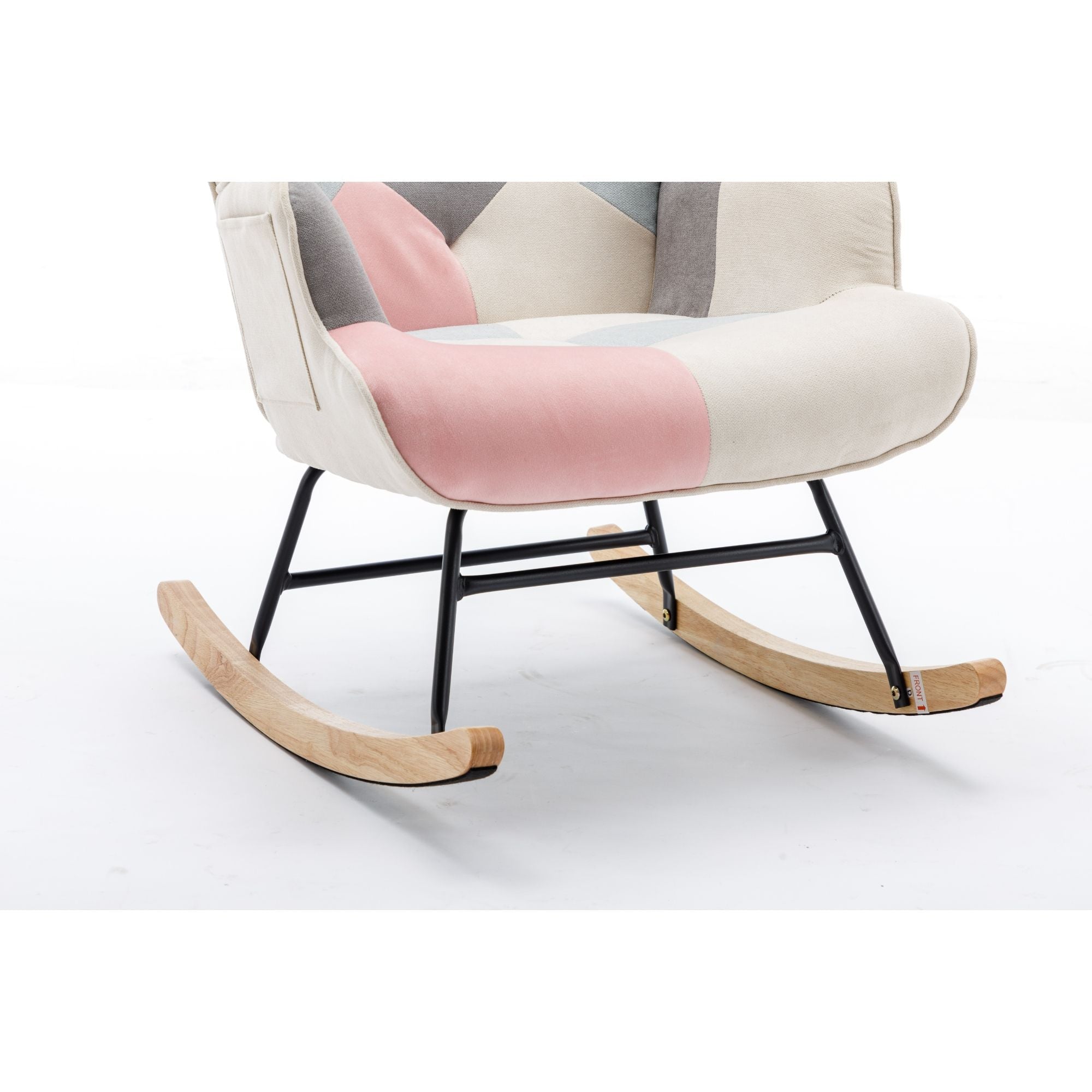 Modern Patchwork Rocking Chair with Solid Wood Armrests and Legs