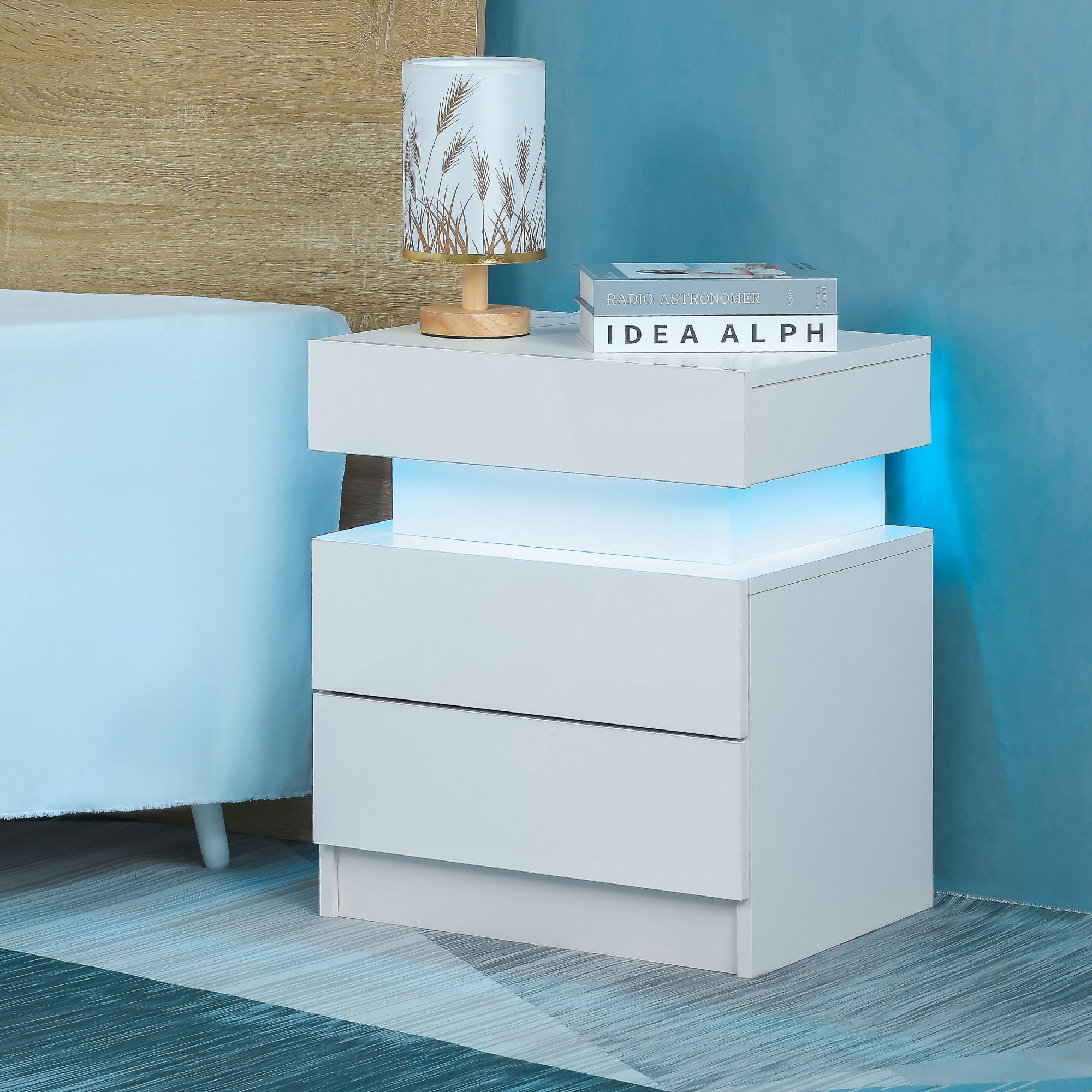 Modern LED Nightstand with 2 High Gloss Drawers and RGB Lights – White