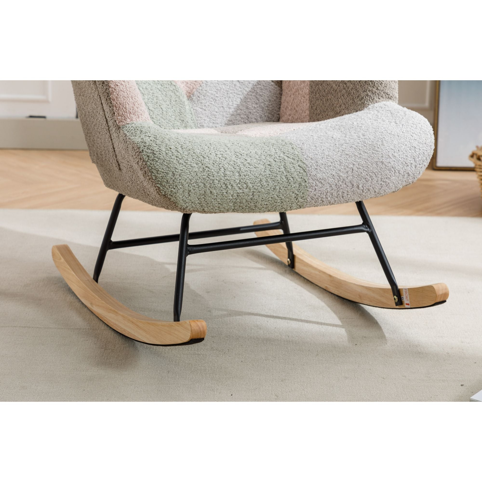 Modern Patchwork Rocking Chair with Solid Wood Armrests and Legs