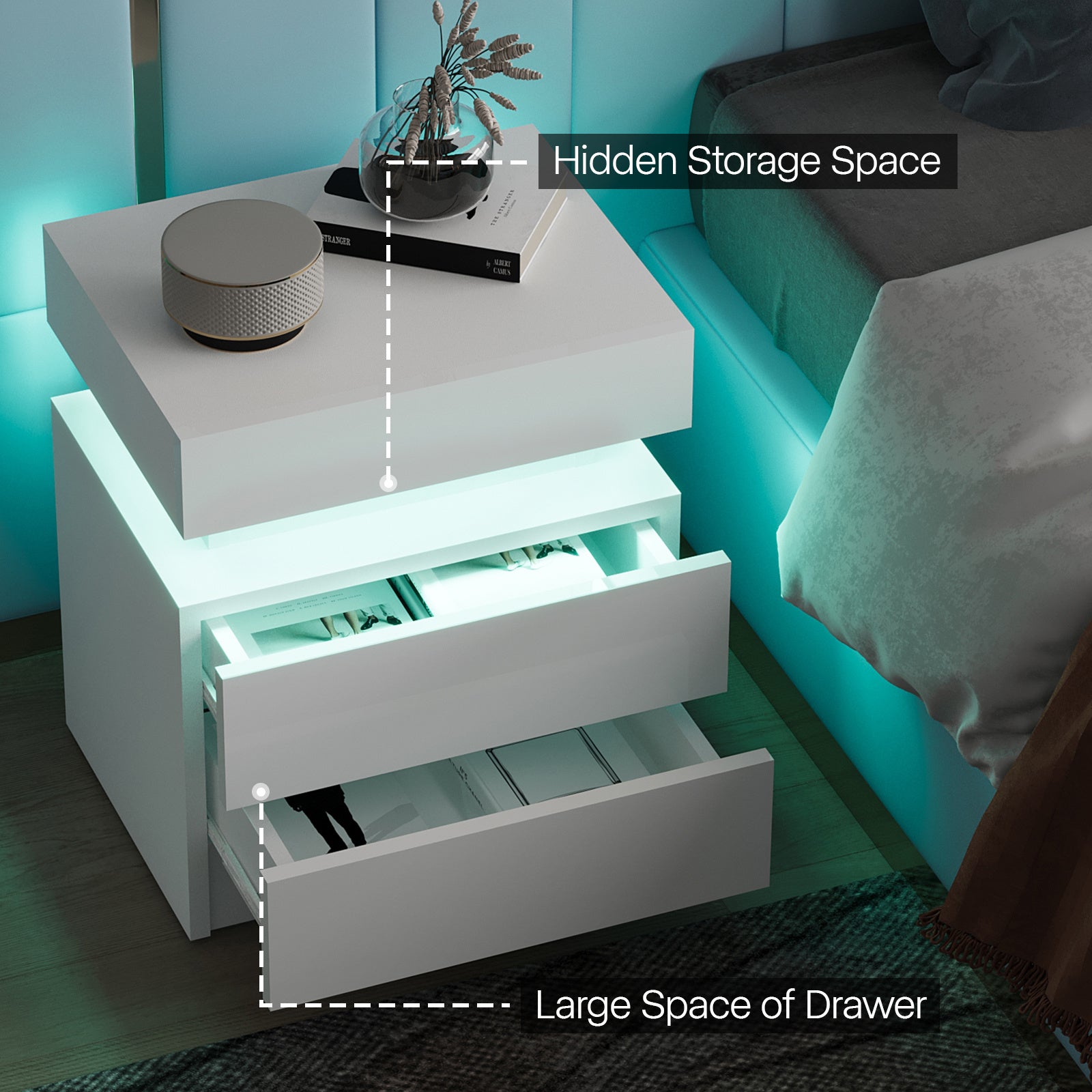 Modern White Nightstand with LED Light 2 Drawers Flipping Top Storage