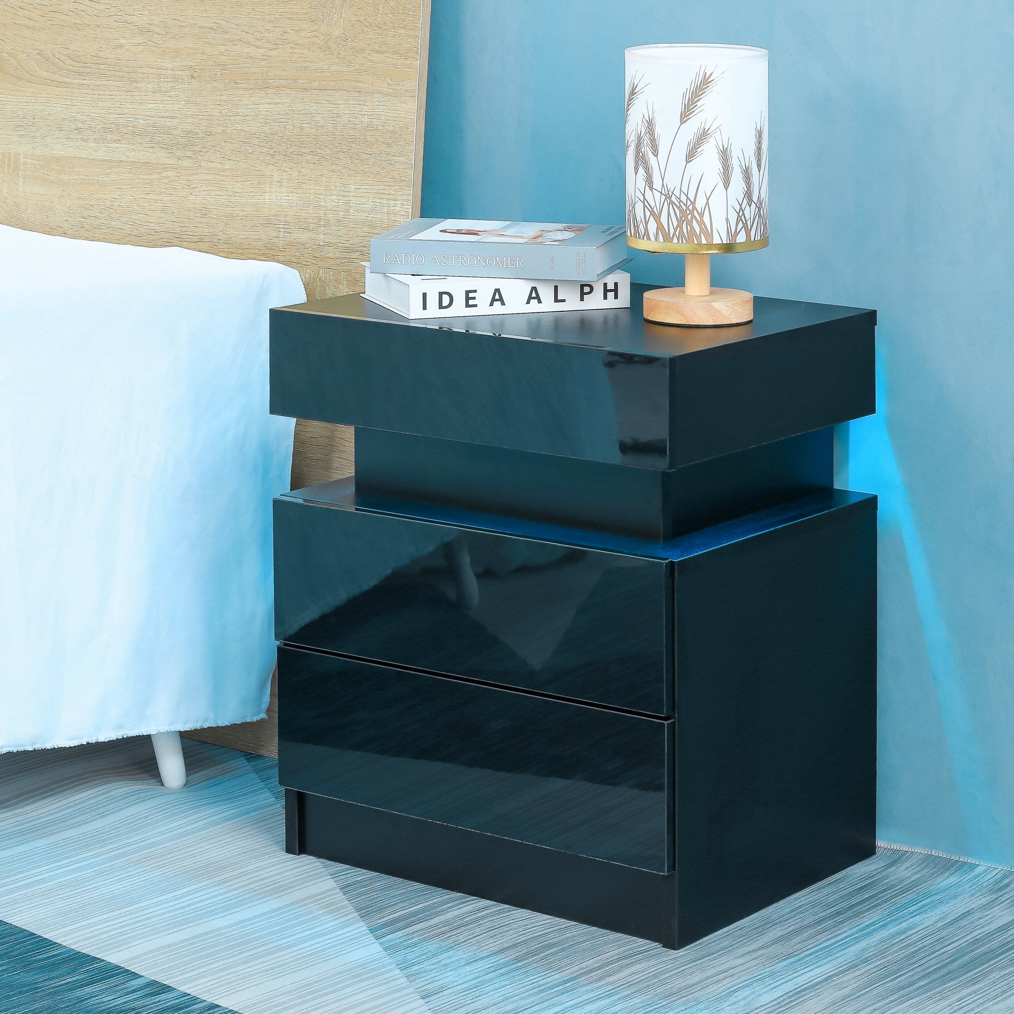 Modern LED Nightstand with 2 High Gloss Drawers and RGB Lights – White