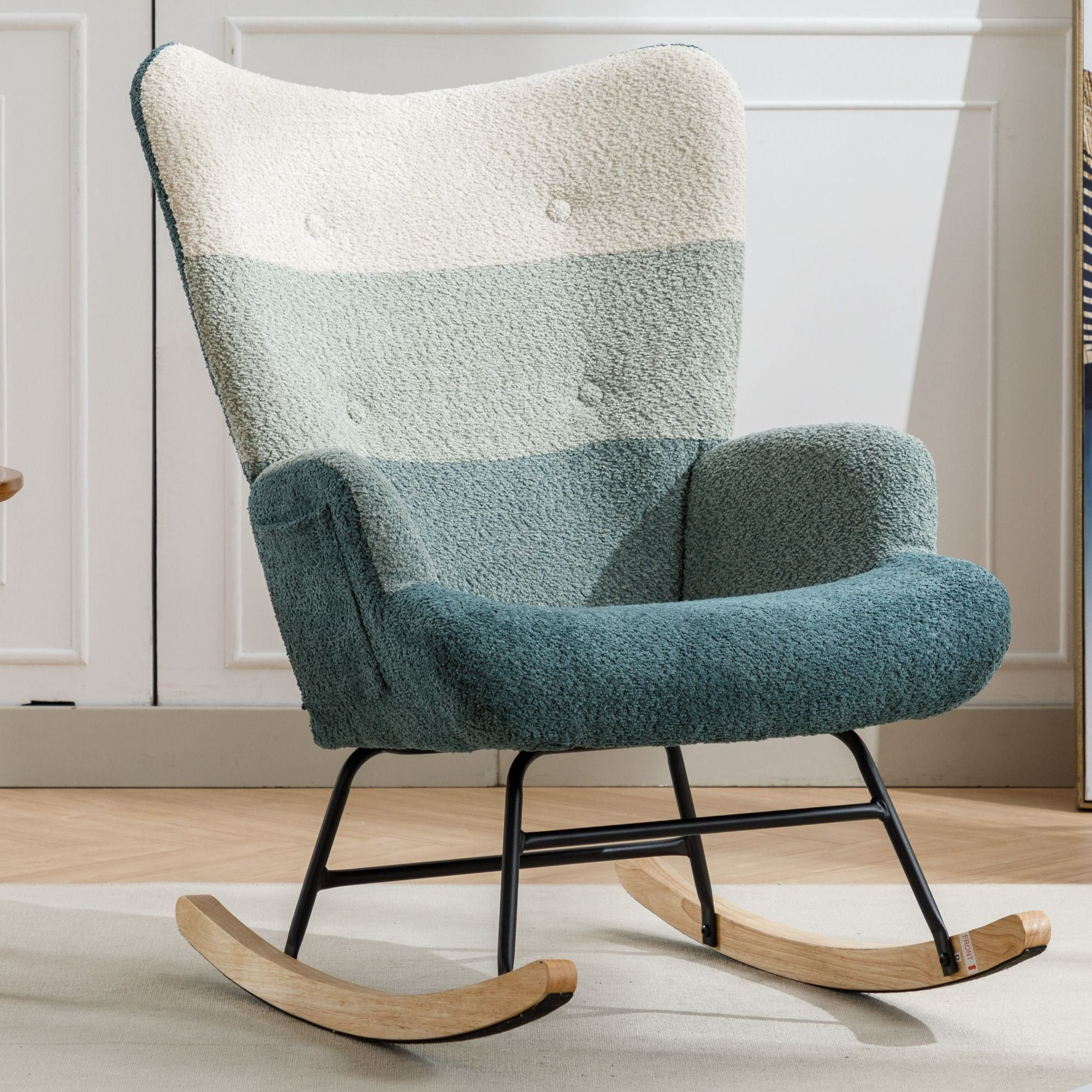 Modern Patchwork Rocking Chair with Solid Wood Armrests and Legs