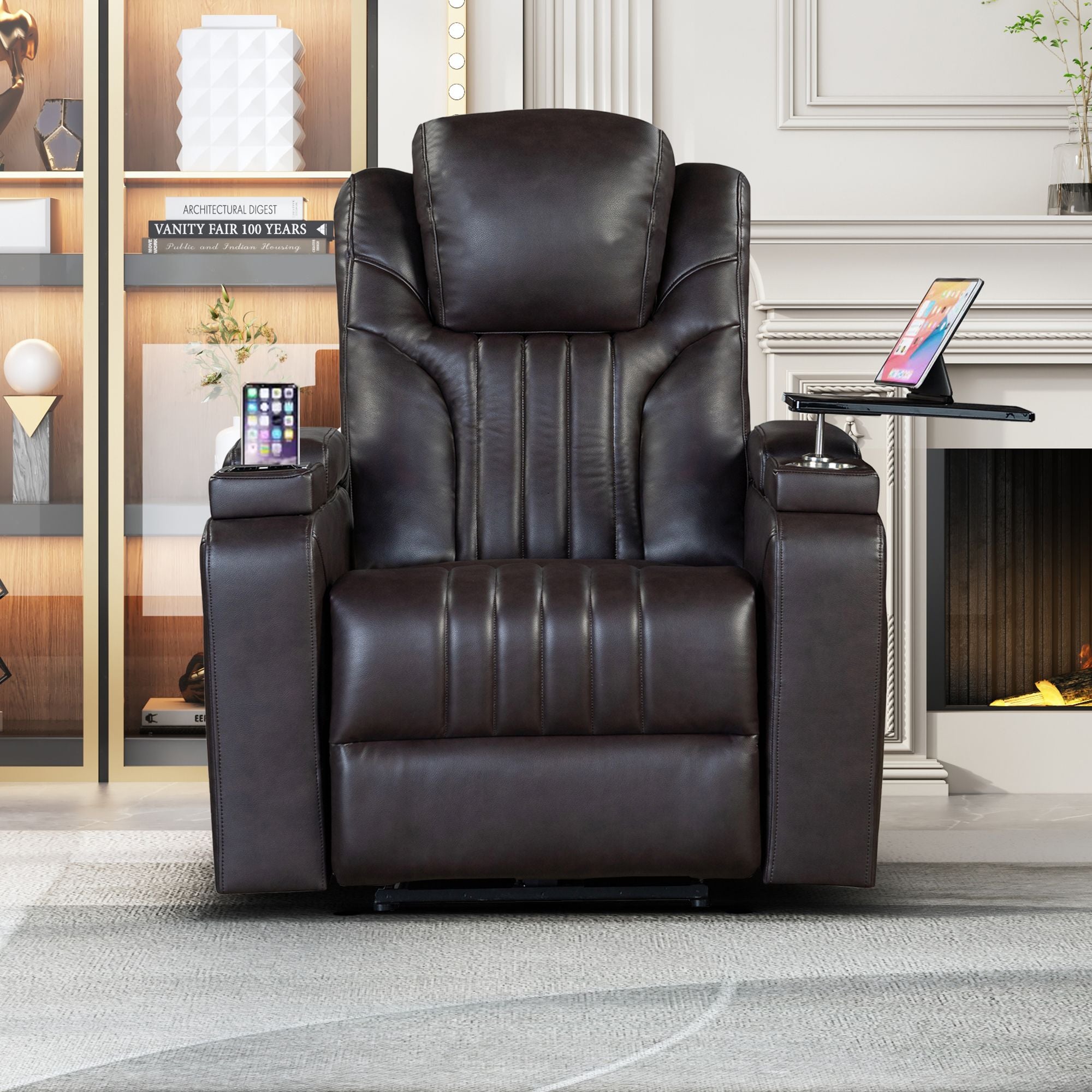 PU Leather Power Recliner with Adjustable Headrest, Wireless Charging, USB, Storage, Cup Holder & Tray