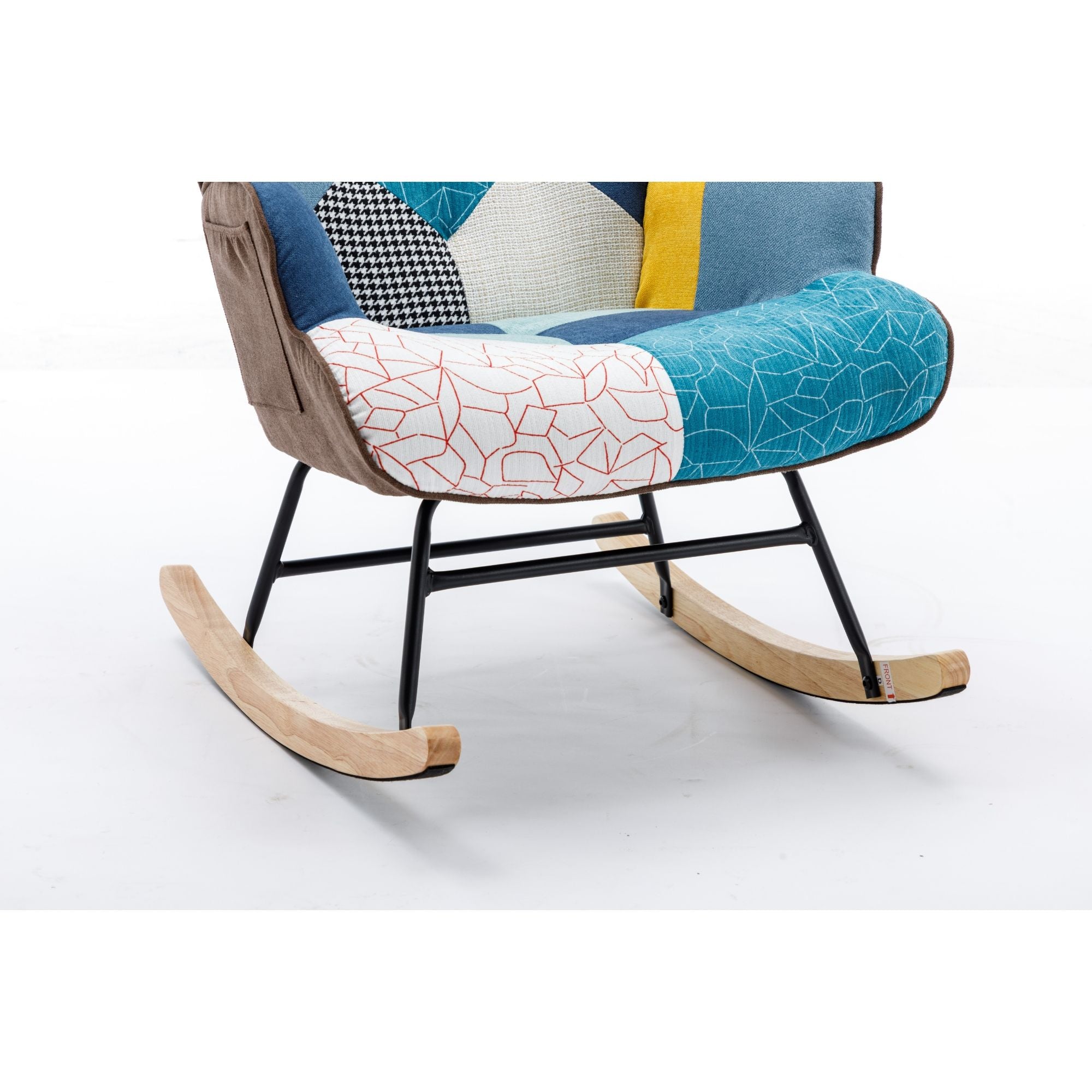 Modern Patchwork Rocking Chair with Solid Wood Armrests and Legs