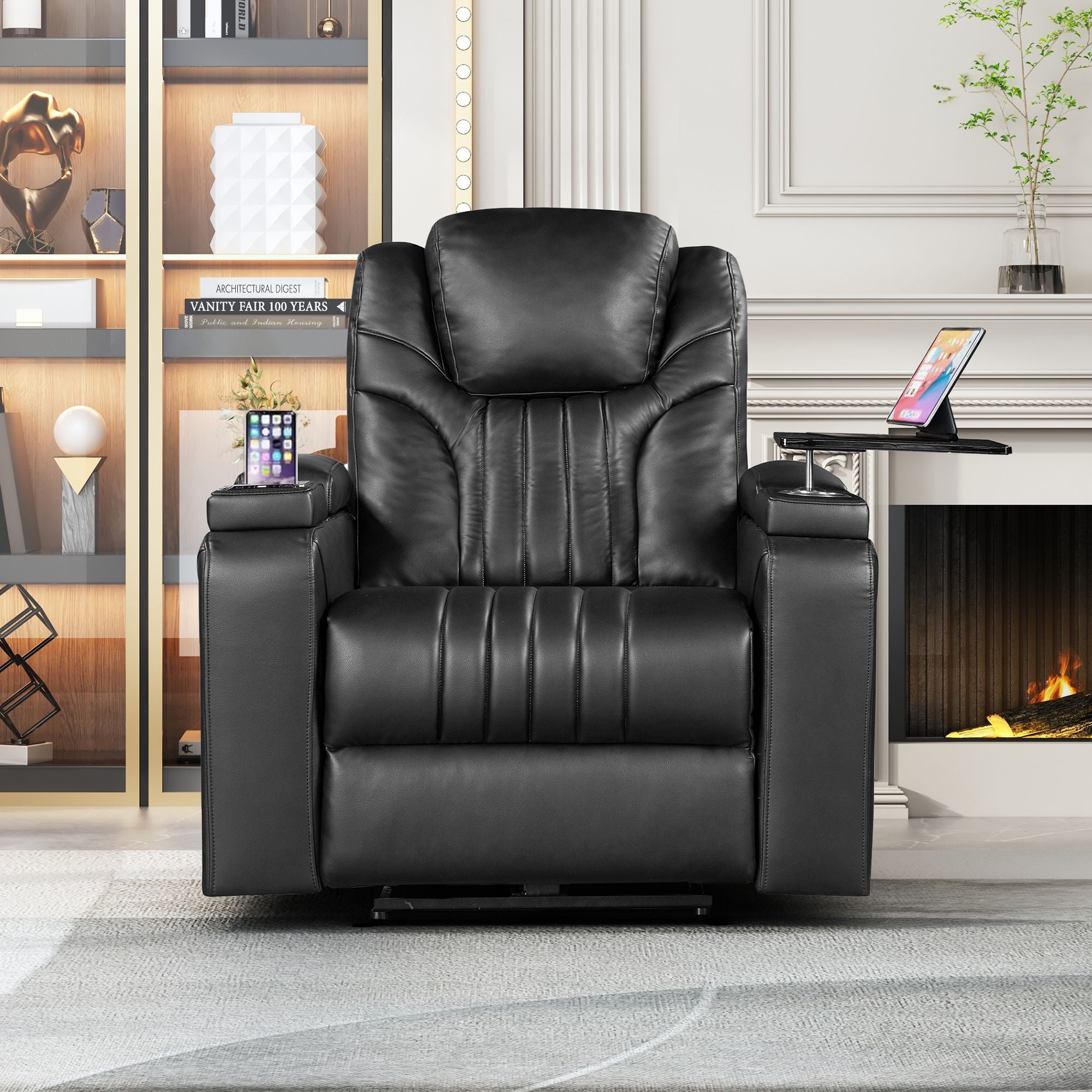 PU Leather Power Recliner with Adjustable Headrest, Wireless Charging, USB, Storage, Cup Holder & Tray