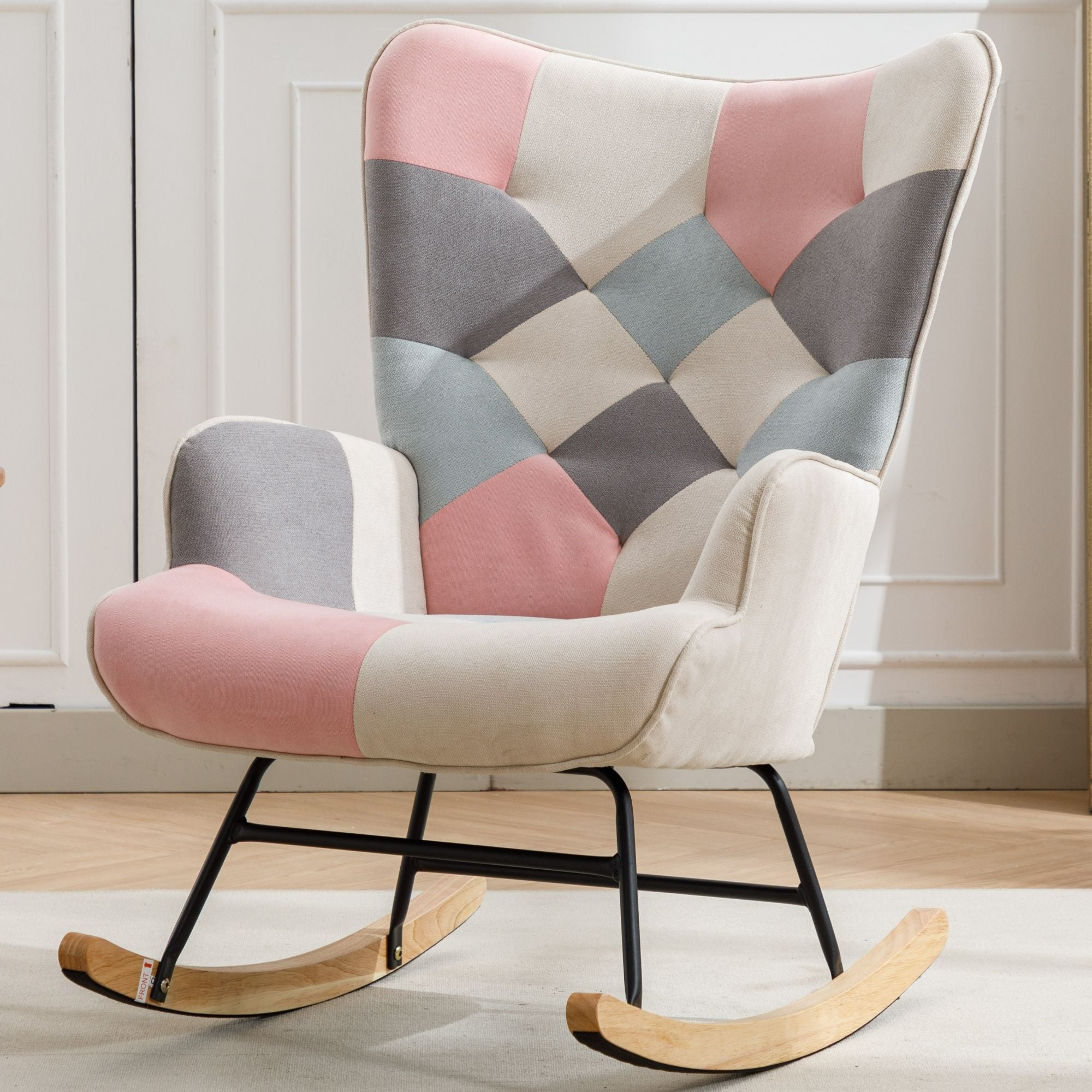 Modern Patchwork Rocking Chair with Solid Wood Armrests and Legs