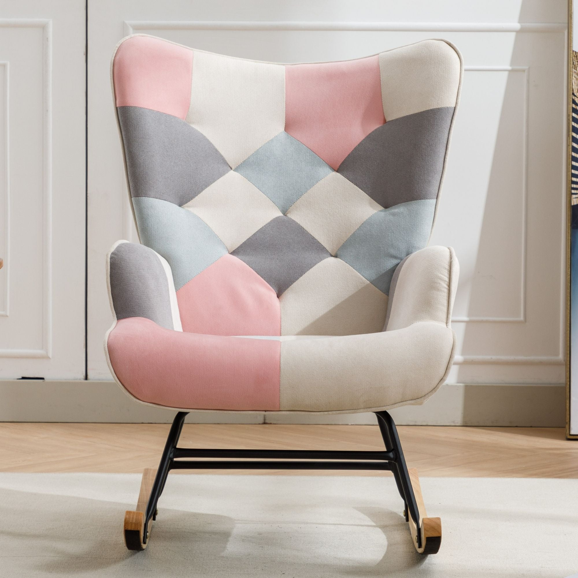 Modern Patchwork Rocking Chair with Solid Wood Armrests and Legs