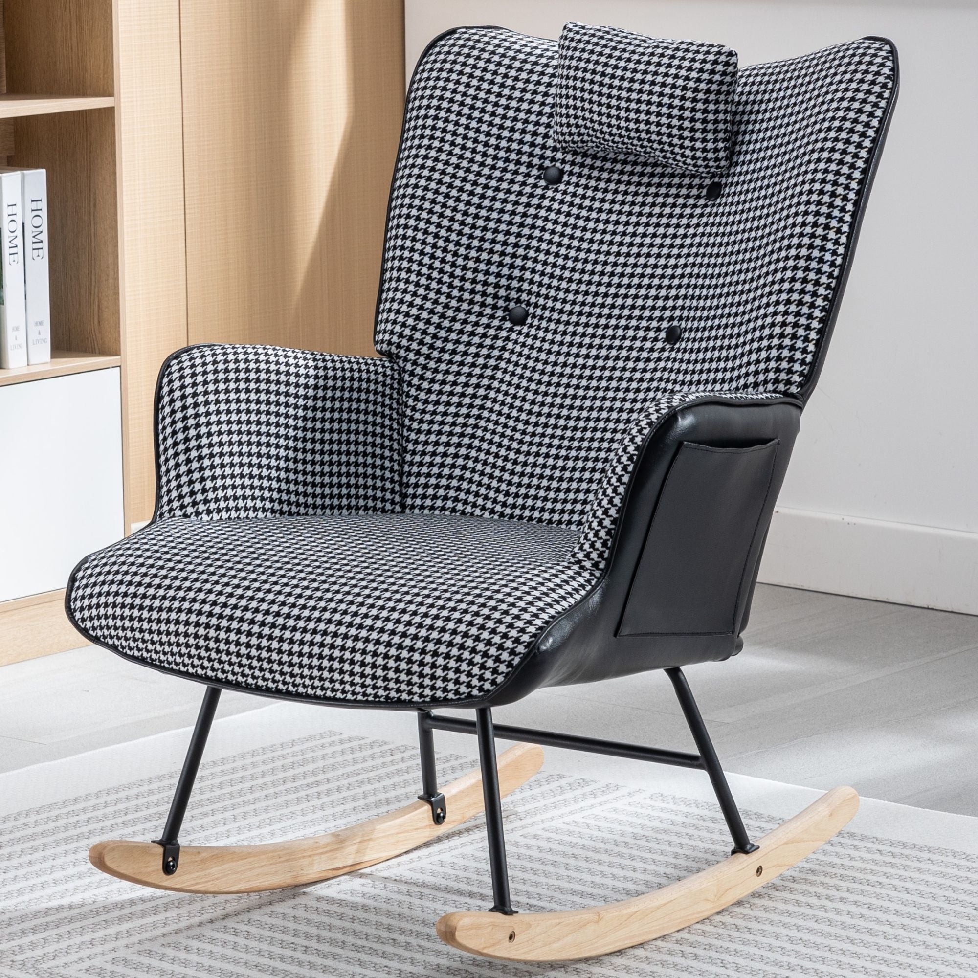 35.5-Inch Rocking Chair, Cozy Reading Chair with Houndstooth and Leather Upholstery, Comfortable Wingback Glider for Nursery, Living Room, Bedroom, or Balcony