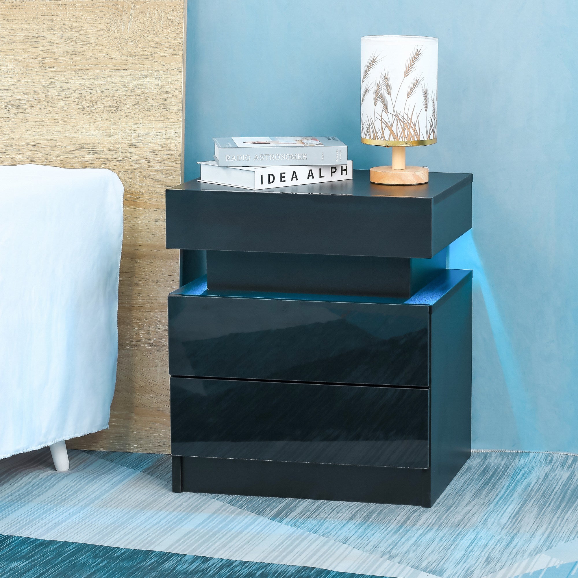 Modern LED Nightstand with 2 High Gloss Drawers and RGB Lights – White