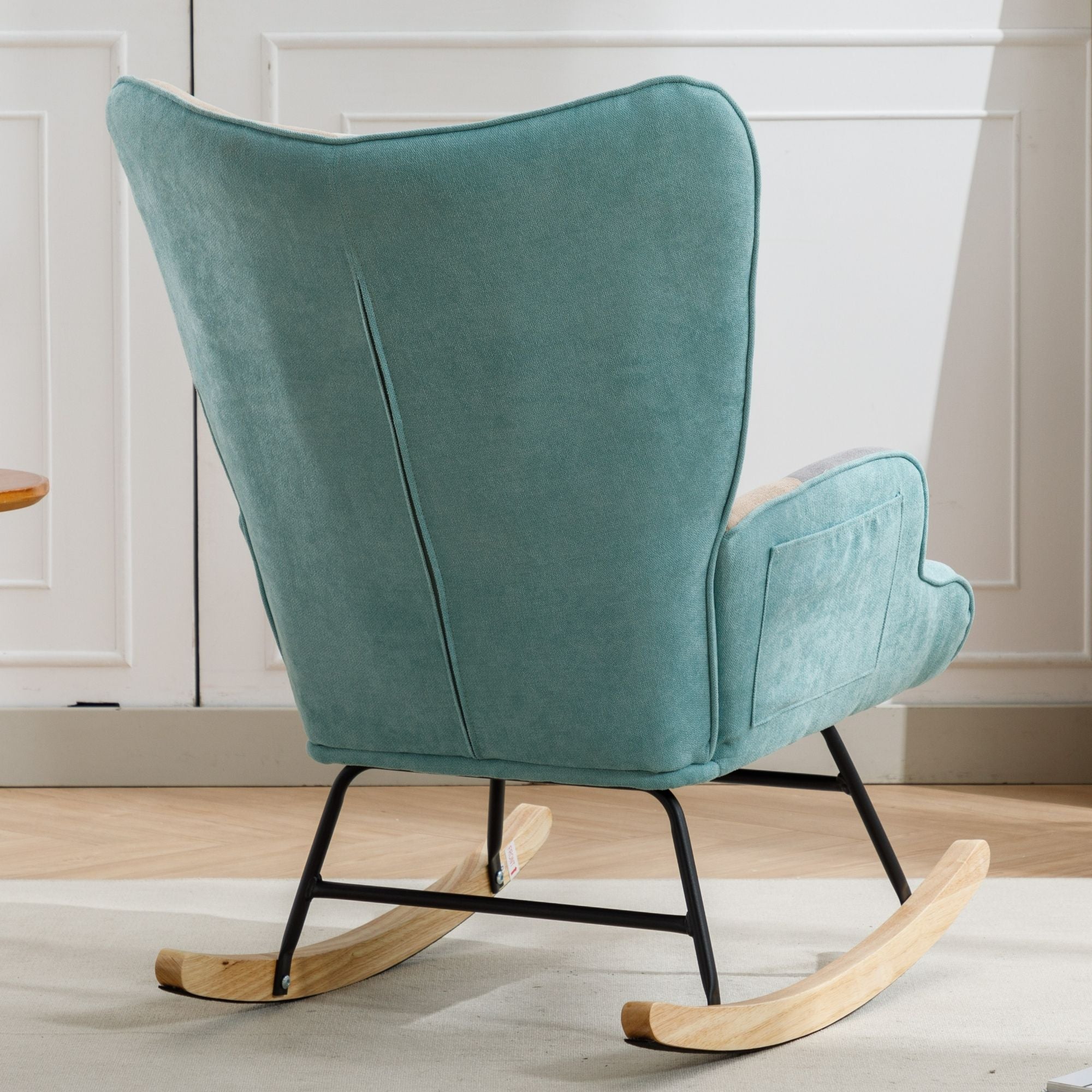 Modern Patchwork Rocking Chair with Solid Wood Armrests and Legs