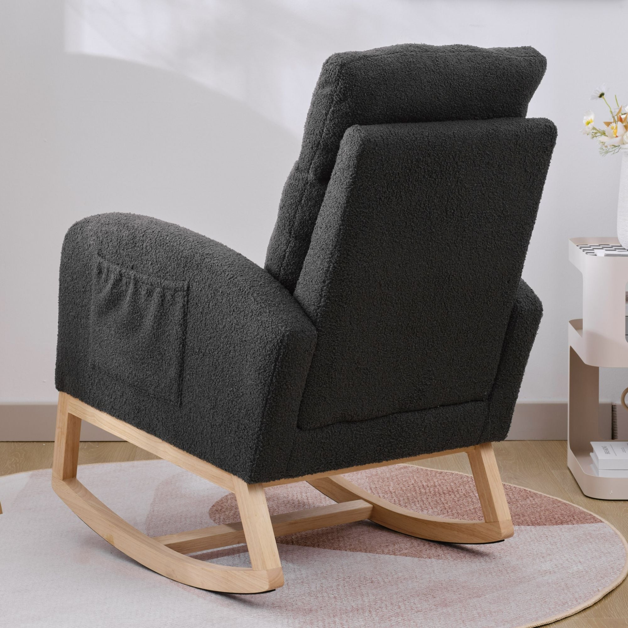 Modern Upholstered Rocking Chair with Solid Wood Legs, High Backrest, Side Pocket, and Comfy Armrests – Nursery Glider and Living Room Accent Chair
