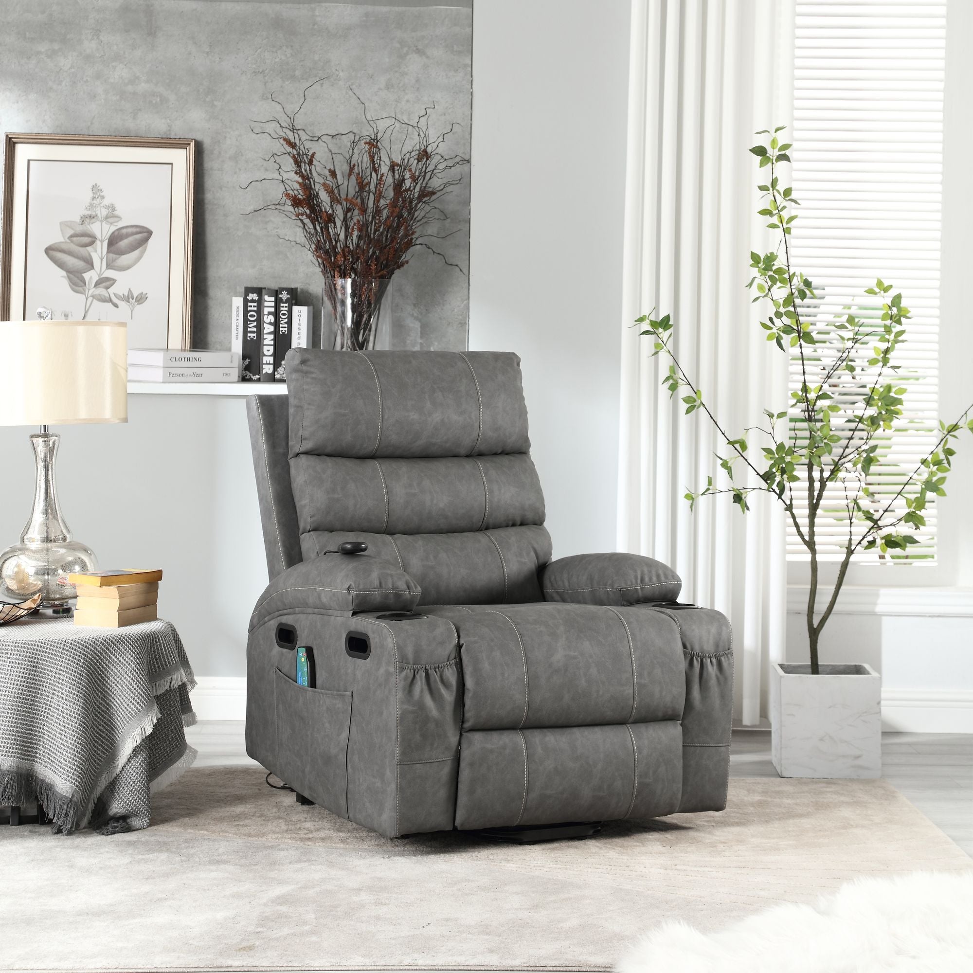 21" Wide Electric Lift Recliner for Elderly, Massage, Heat, Remote, Cup Holders, and Side Pockets