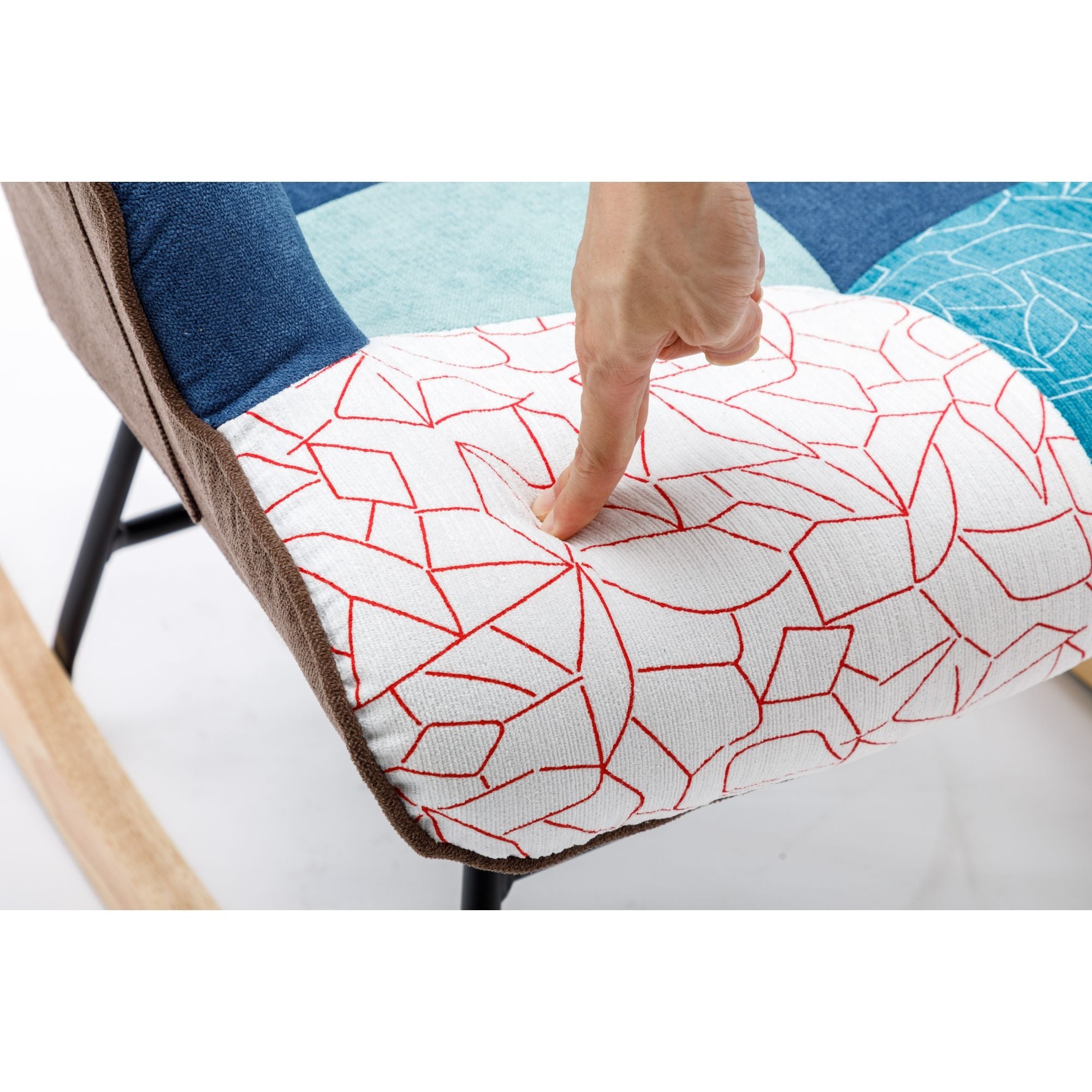 Modern Patchwork Rocking Chair with Solid Wood Armrests and Legs