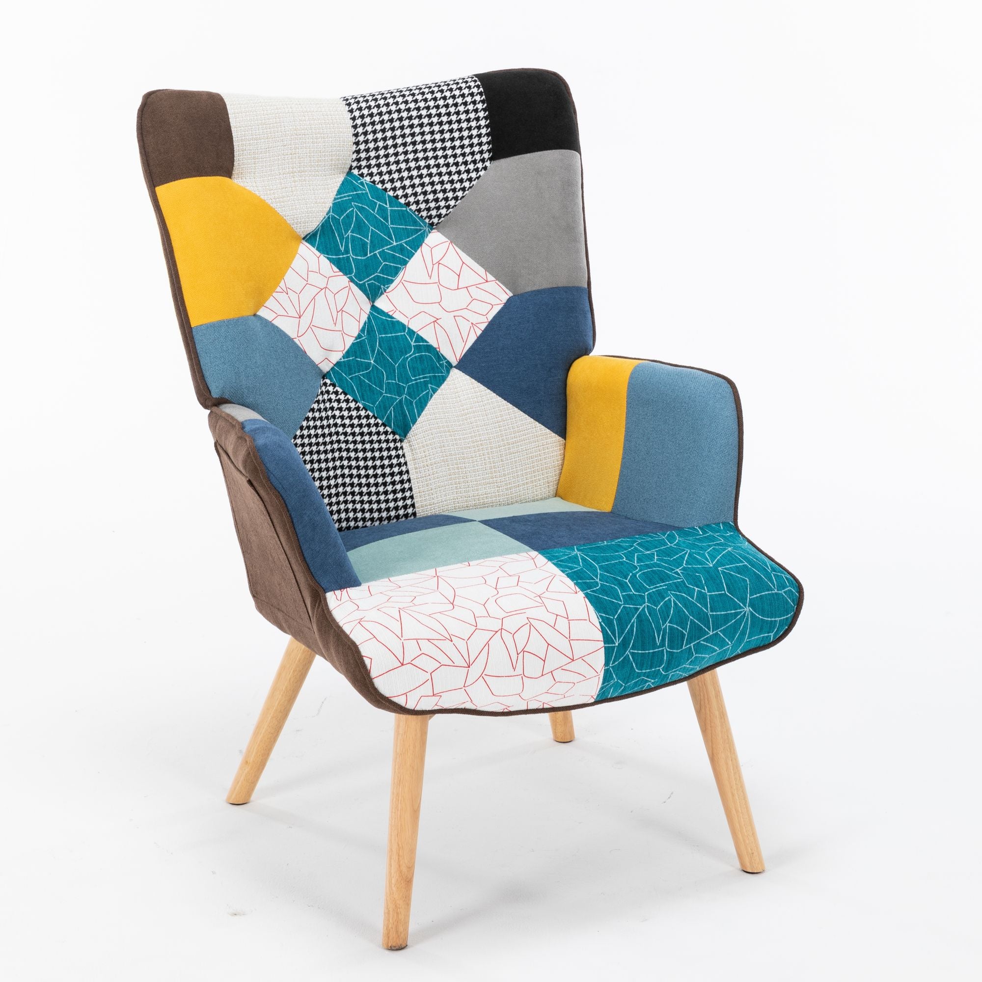 Modern Patchwork Rocking Chair with Solid Wood Armrests and Legs