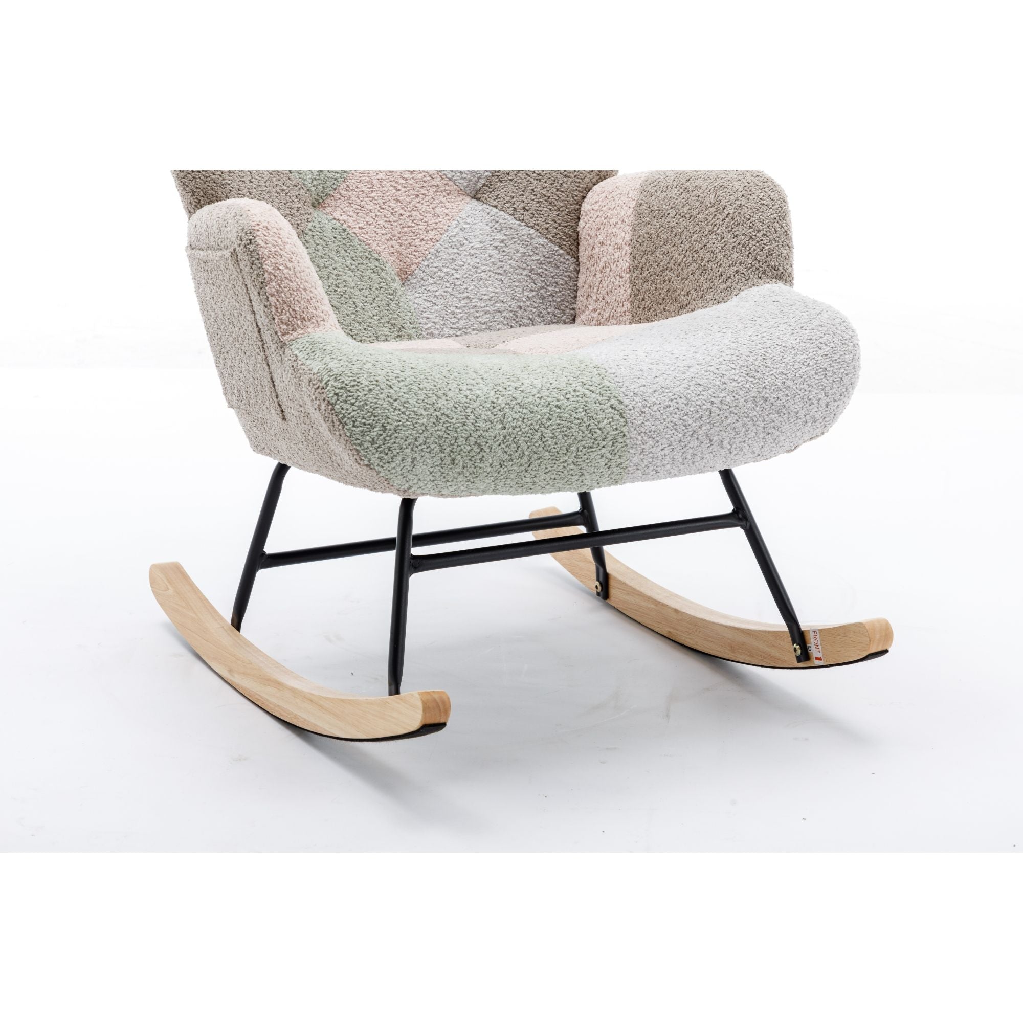 Modern Patchwork Rocking Chair with Solid Wood Armrests and Legs