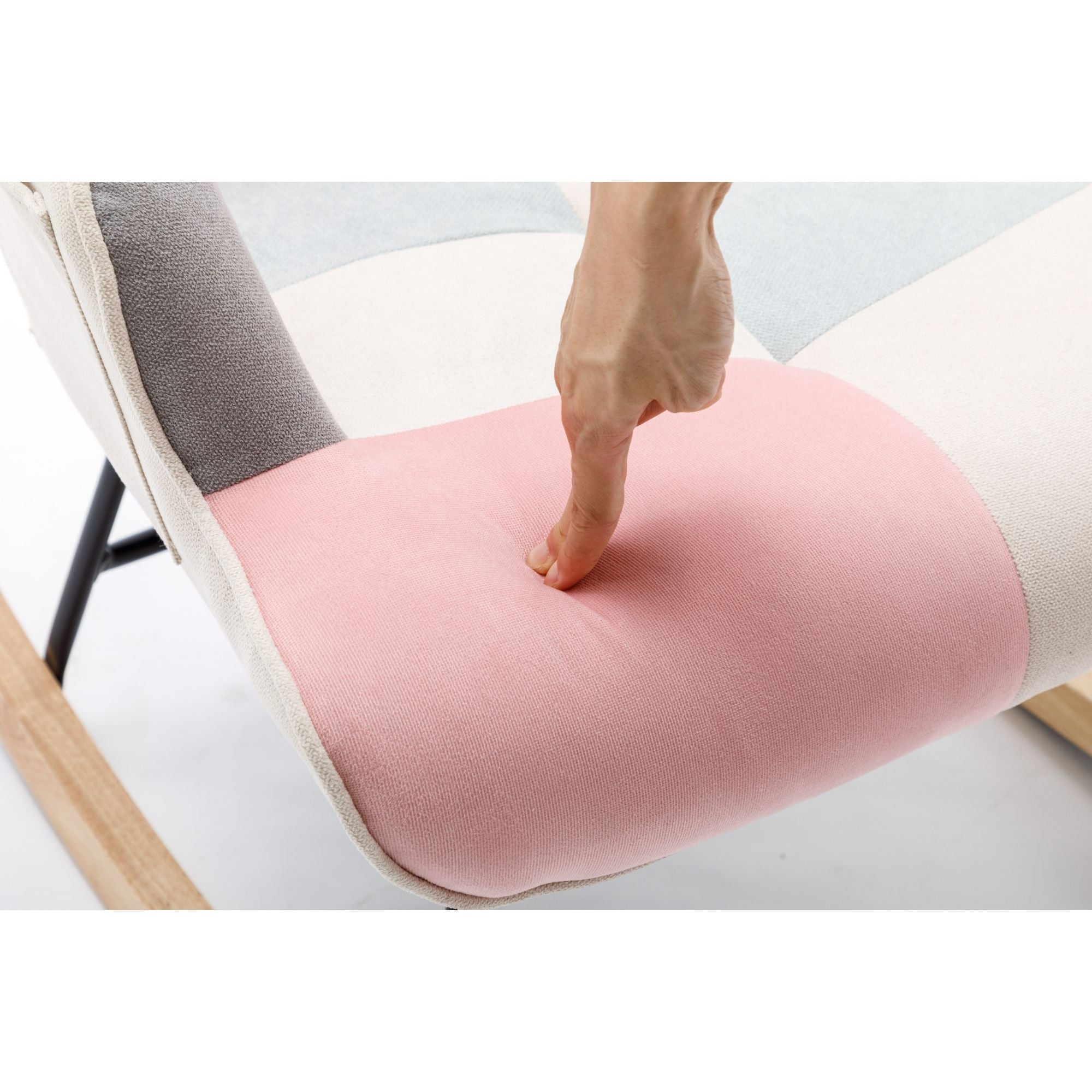 Modern Patchwork Rocking Chair with Solid Wood Armrests and Legs