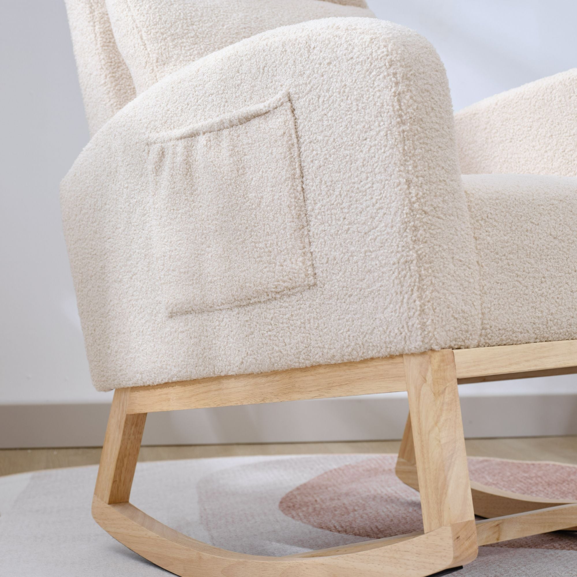 Modern Upholstered Rocking Chair with Solid Wood Legs, High Backrest, Side Pocket, and Comfy Armrests – Nursery Glider and Living Room Accent Chair