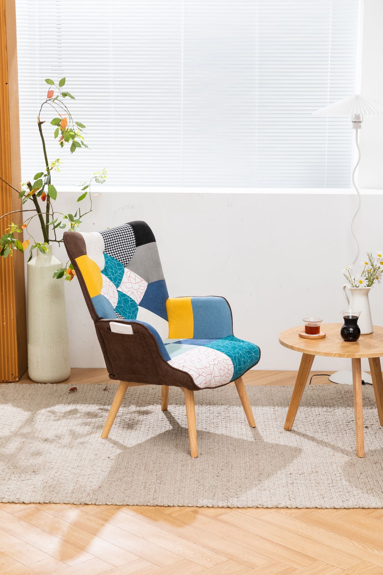 Modern Patchwork Rocking Chair with Solid Wood Armrests and Legs