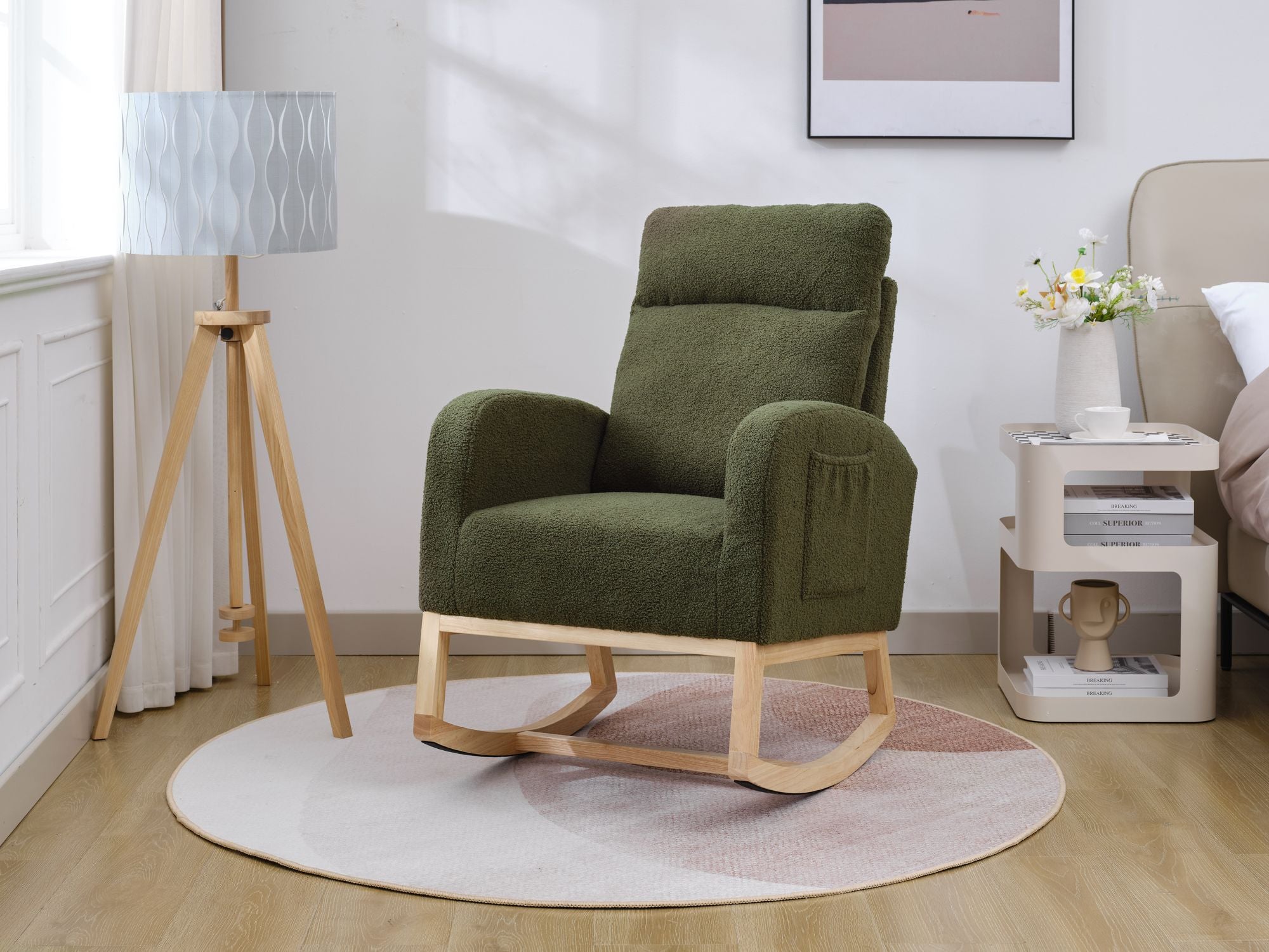 Modern Upholstered Rocking Chair with Solid Wood Legs, High Backrest, Side Pocket, and Comfy Armrests – Nursery Glider and Living Room Accent Chair