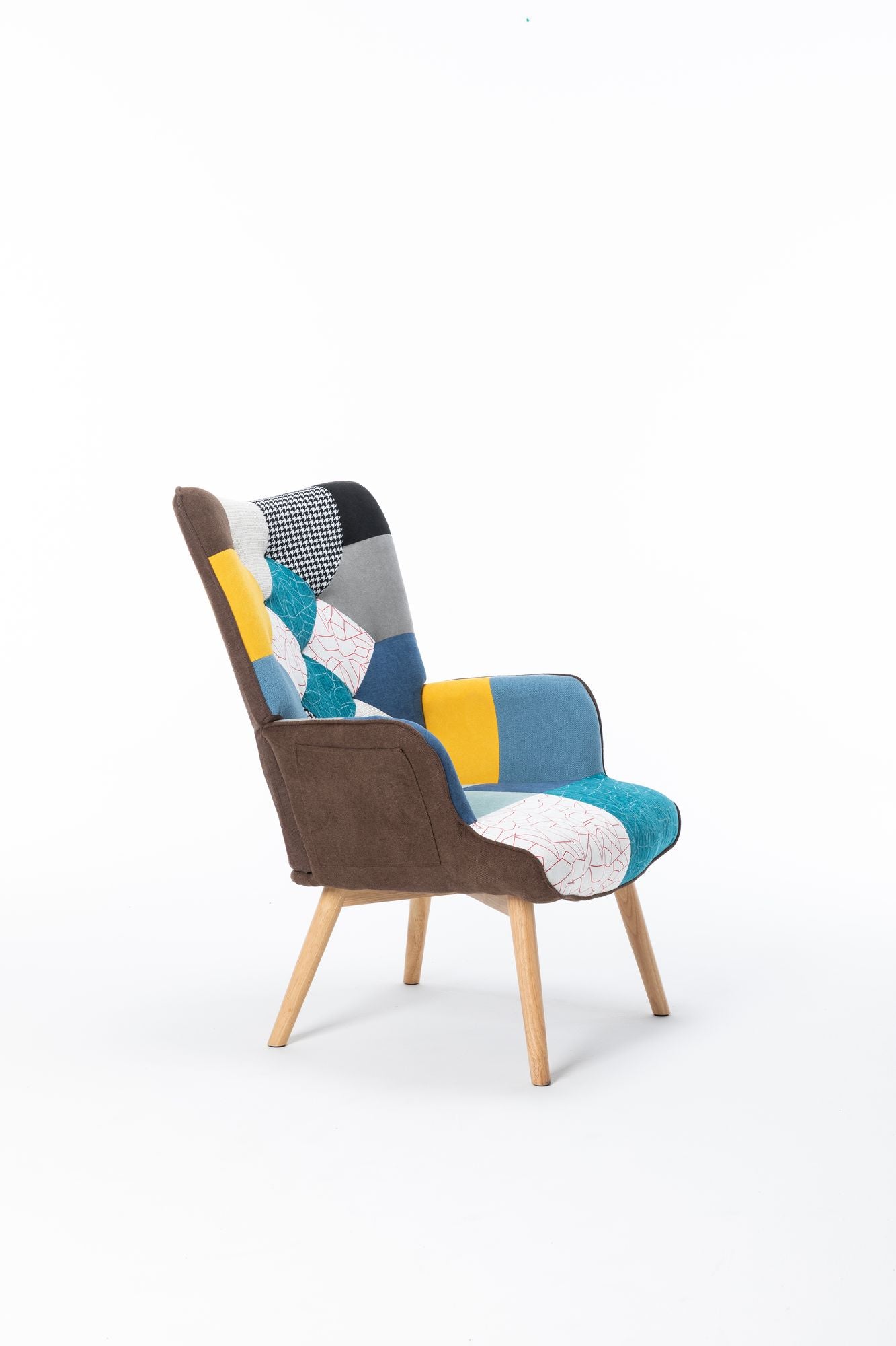 Modern Patchwork Rocking Chair with Solid Wood Armrests and Legs