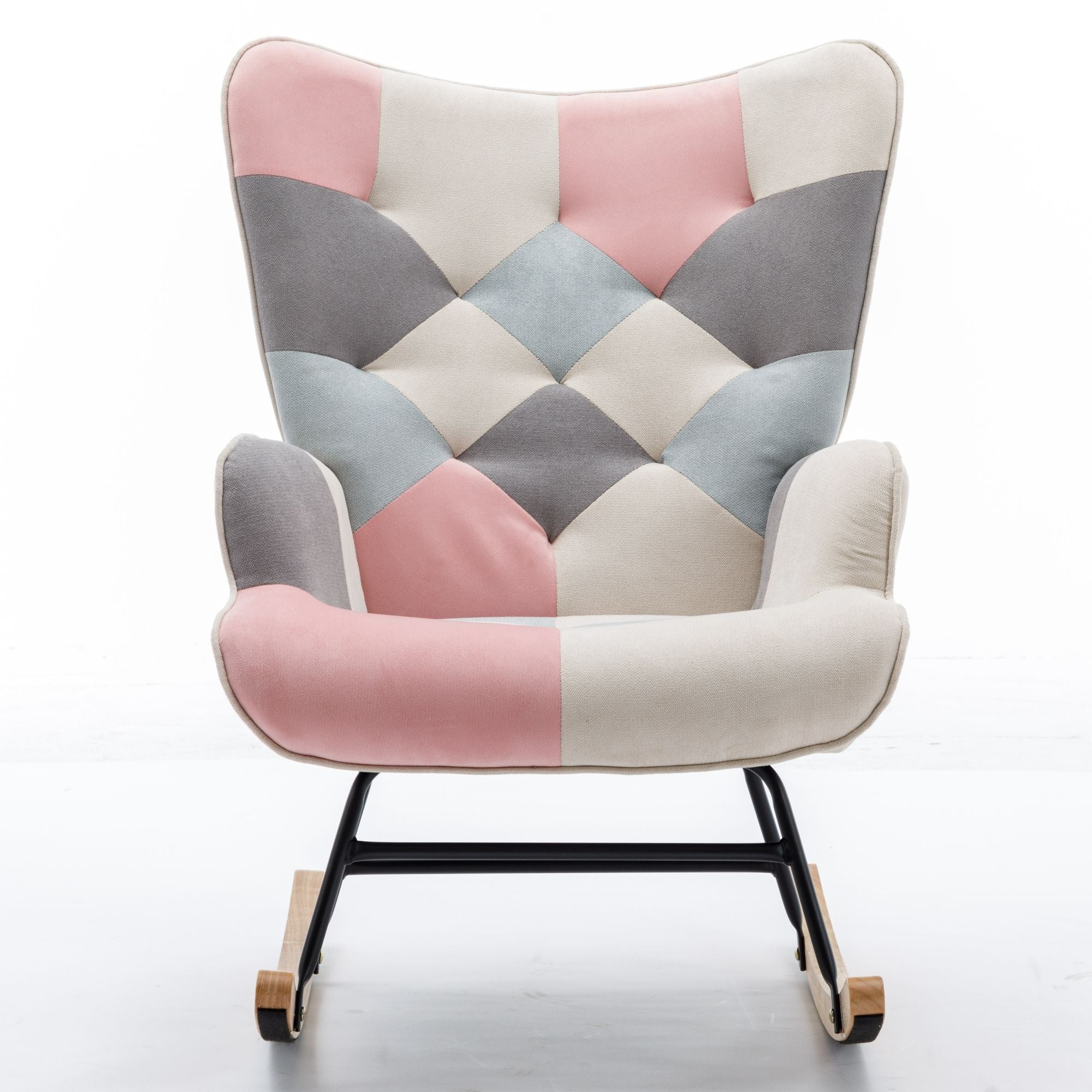Modern Patchwork Rocking Chair with Solid Wood Armrests and Legs