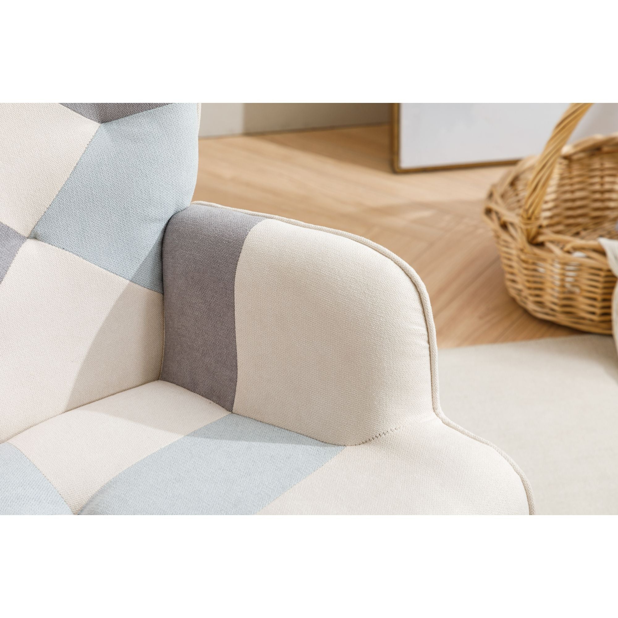 Modern Patchwork Rocking Chair with Solid Wood Armrests and Legs