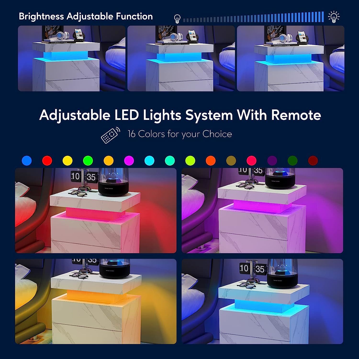 Nightstand LED Bedside Table Cabinet Lights Modern End Side with 2 Drawers for Bedroom (White Stone)