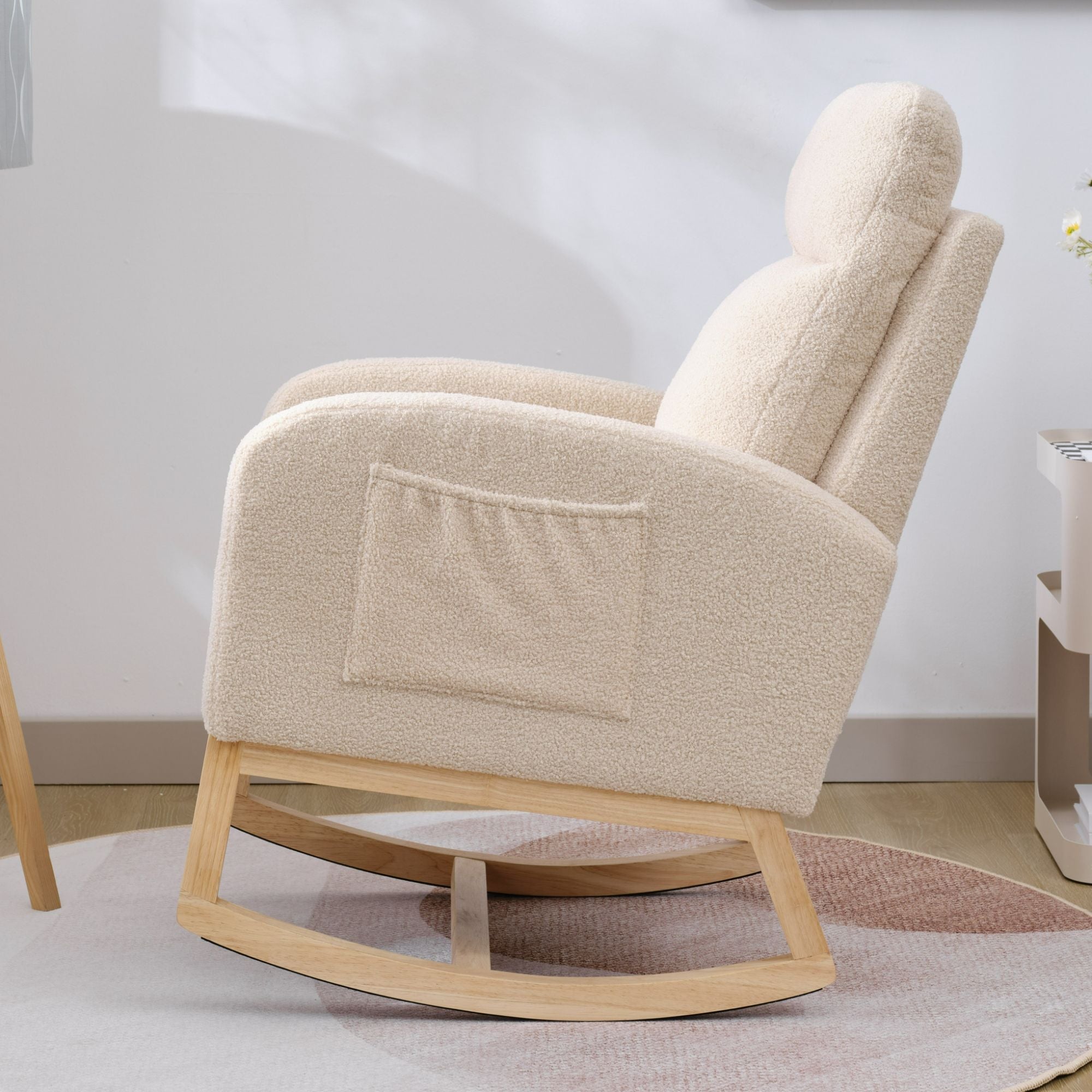 Modern Upholstered Rocking Chair with Solid Wood Legs, High Backrest, Side Pocket, and Comfy Armrests – Nursery Glider and Living Room Accent Chair