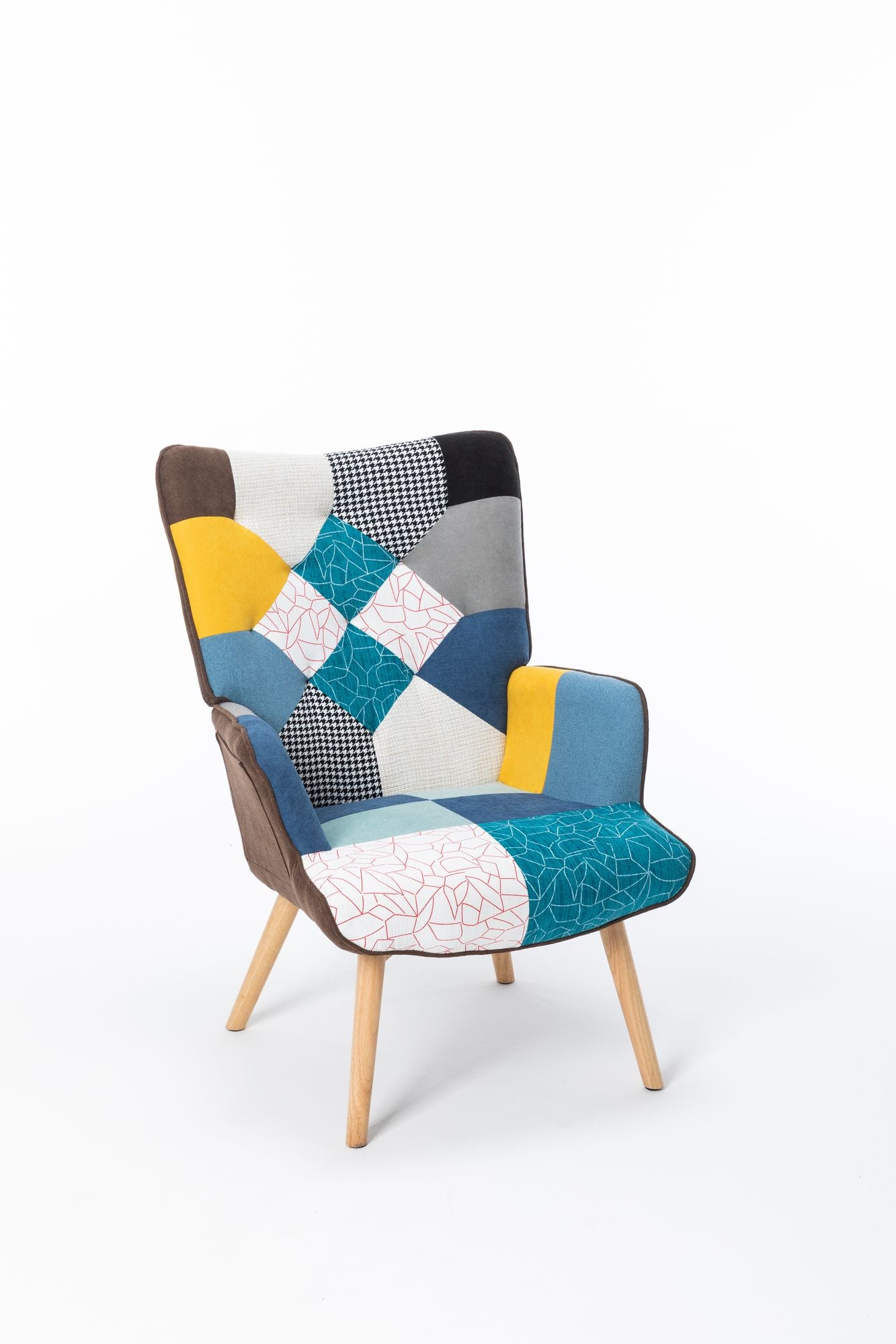 Modern Patchwork Rocking Chair with Solid Wood Armrests and Legs