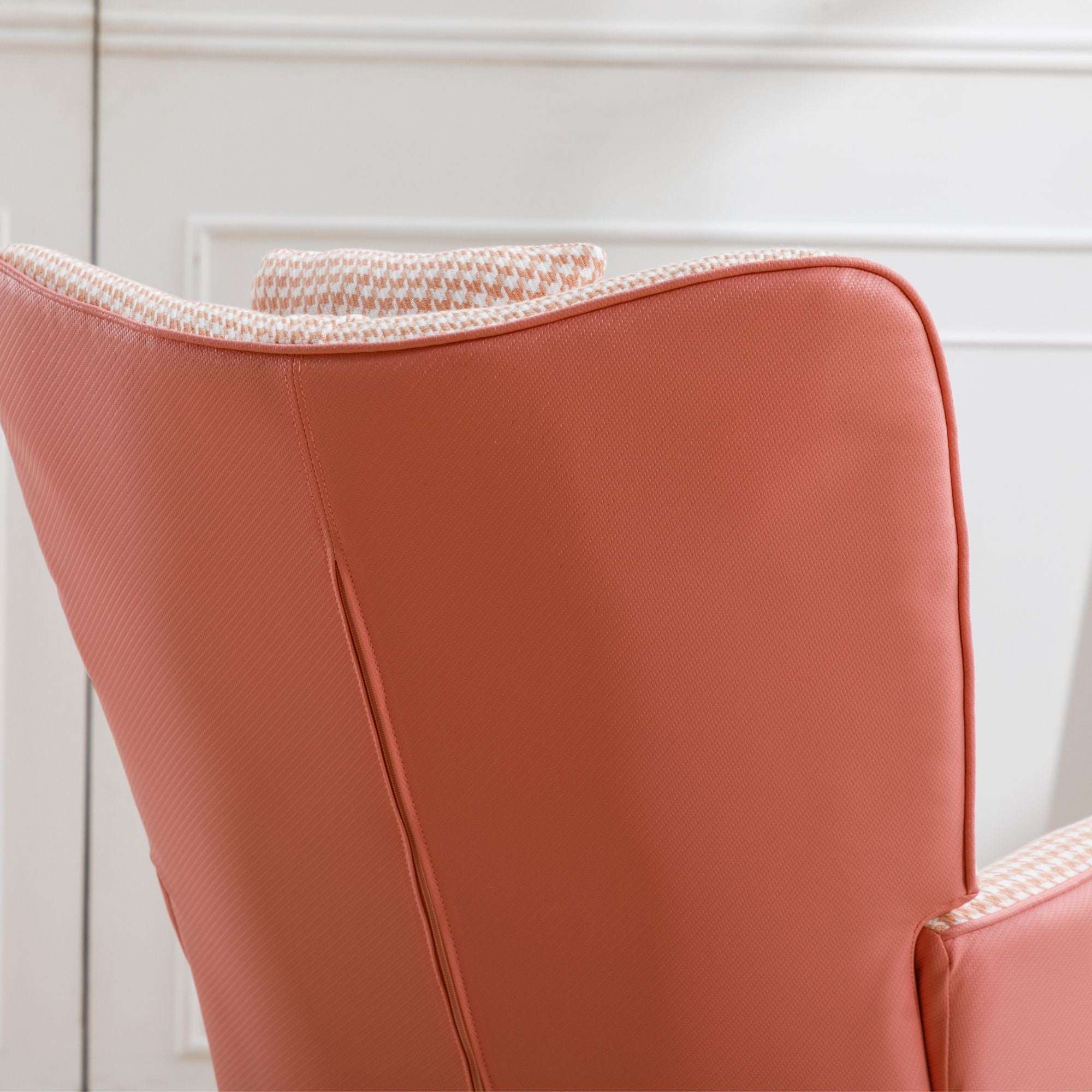 35.5-Inch Rocking Chair, Cozy Reading Chair with Houndstooth and Leather Upholstery, Comfortable Wingback Glider for Nursery, Living Room, Bedroom, or Balcony