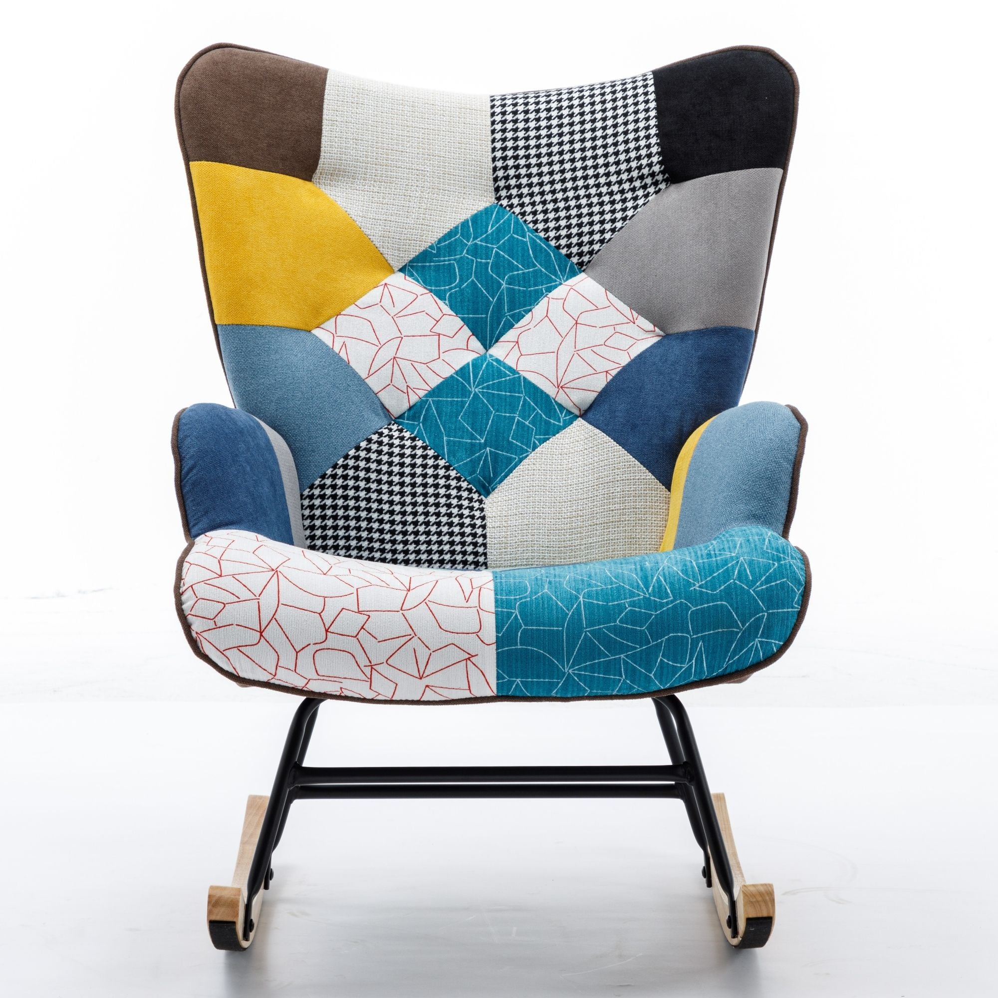 Modern Patchwork Rocking Chair with Solid Wood Armrests and Legs