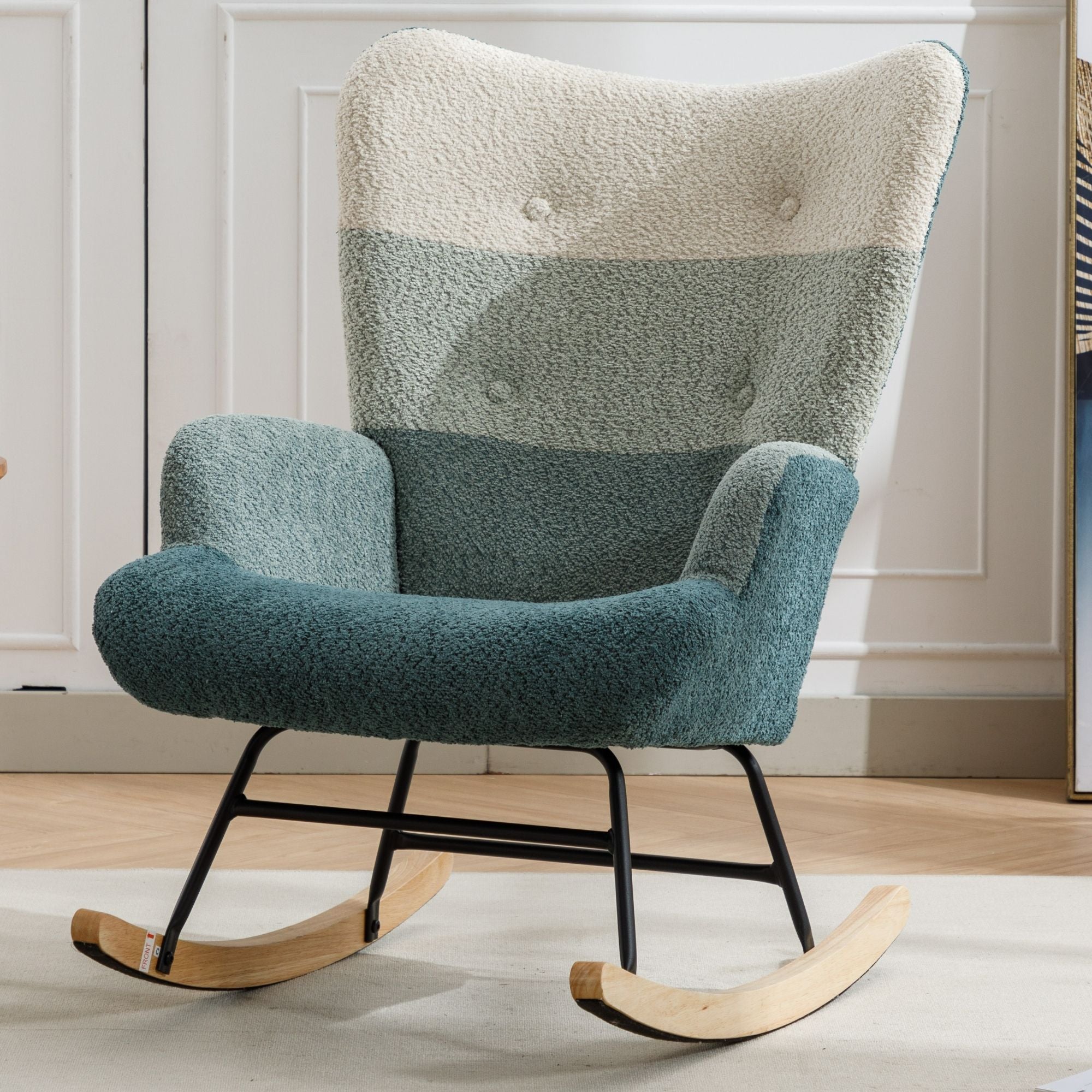 Modern Patchwork Rocking Chair with Solid Wood Armrests and Legs